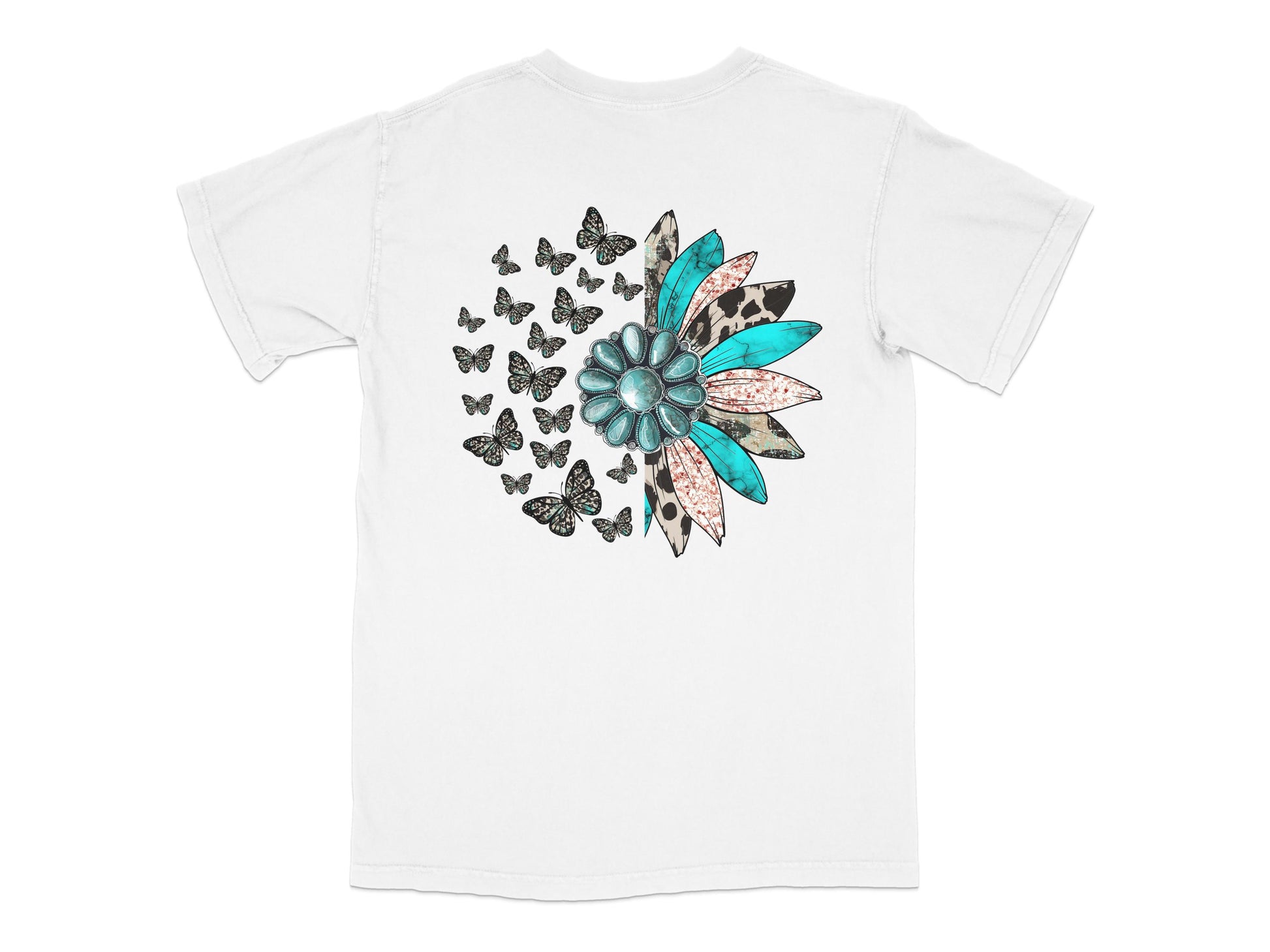 Women's Floral T-Shirt with Turquoise and Copper Leaves, Butterfly Print, Casual Summer Top, Unique Graphic Tee Design