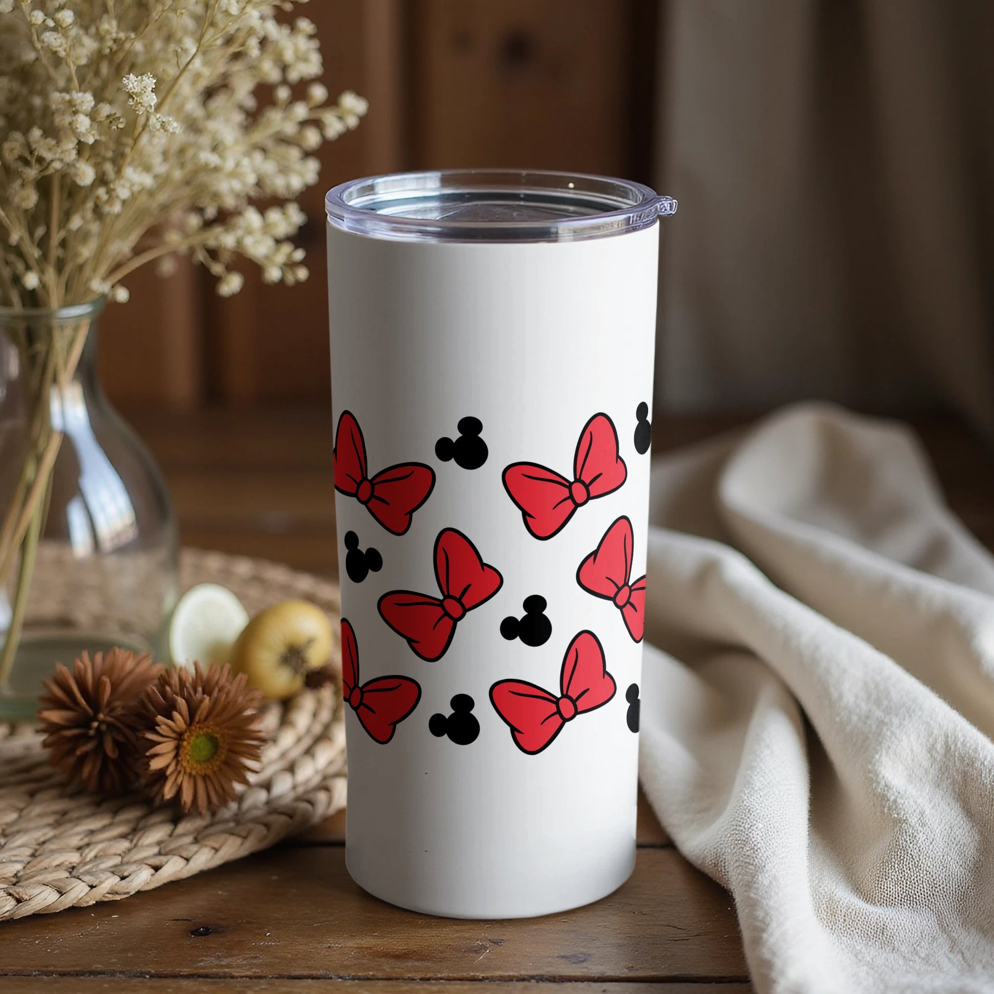 Red Bow and Black Mickey Mouse Pattern Tumbler, Insulated Travel Mug, Gift Idea