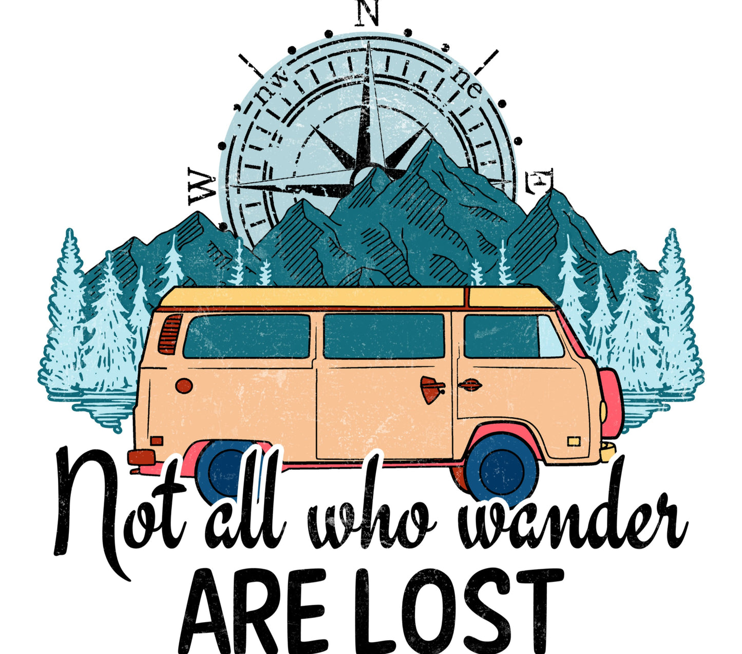 Vintage Camper Van Print, Mountain Landscape Art, Compass Forest Illustration, Wanderlust Travel Poster