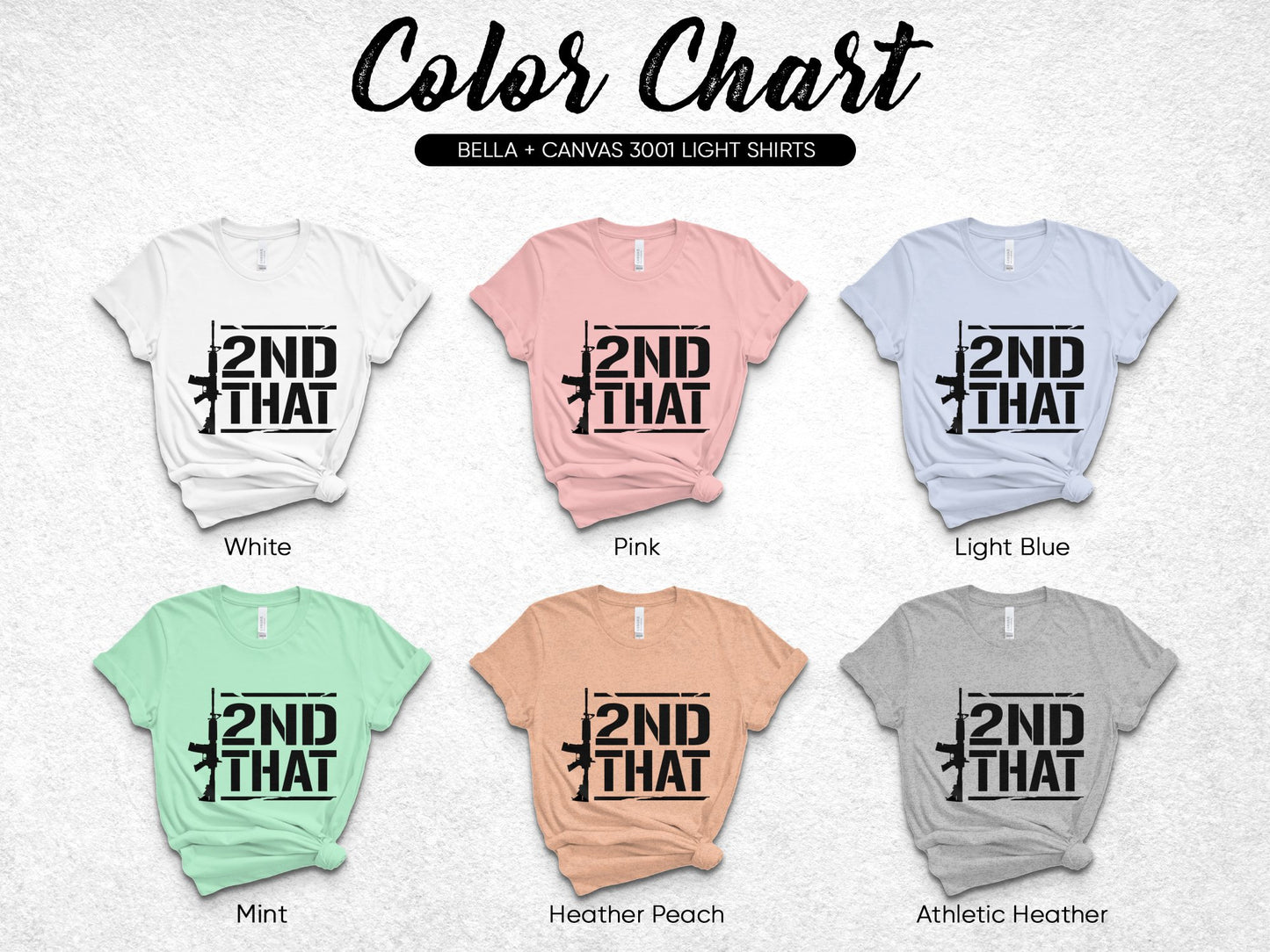Bella Canvas 3001 T-Shirt Color Chart, Unisex Cotton Tee Options, White, Pink, Light Blue, Mint, Heather Peach
