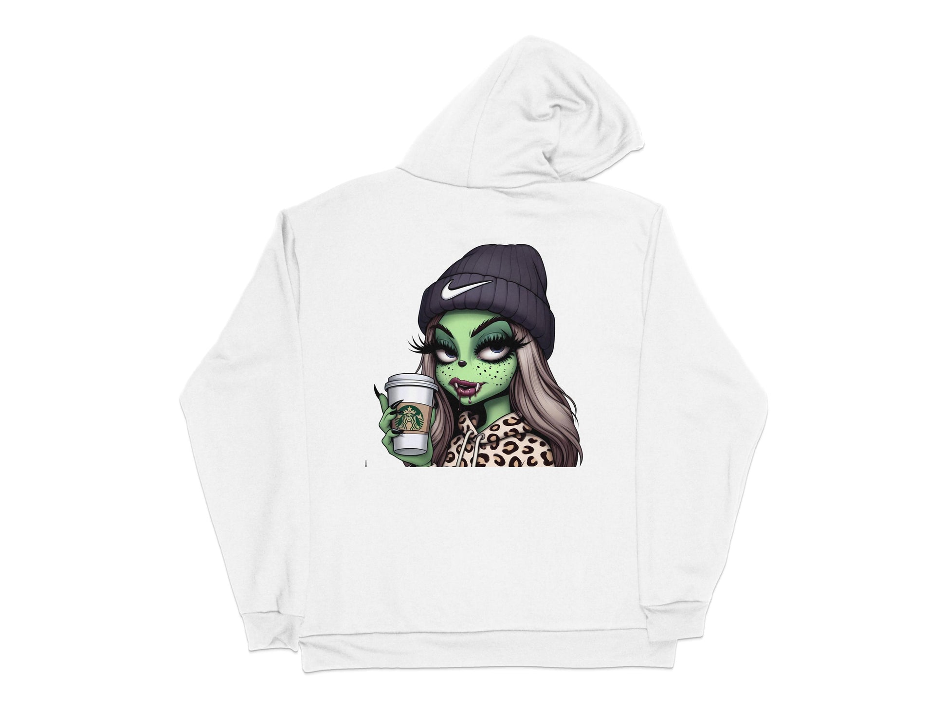 Zombie Girl Hoodie, Green Face Monster Print with Coffee, Trendy Leopard Print, Casual Streetwear, Unisex Sweatshirt