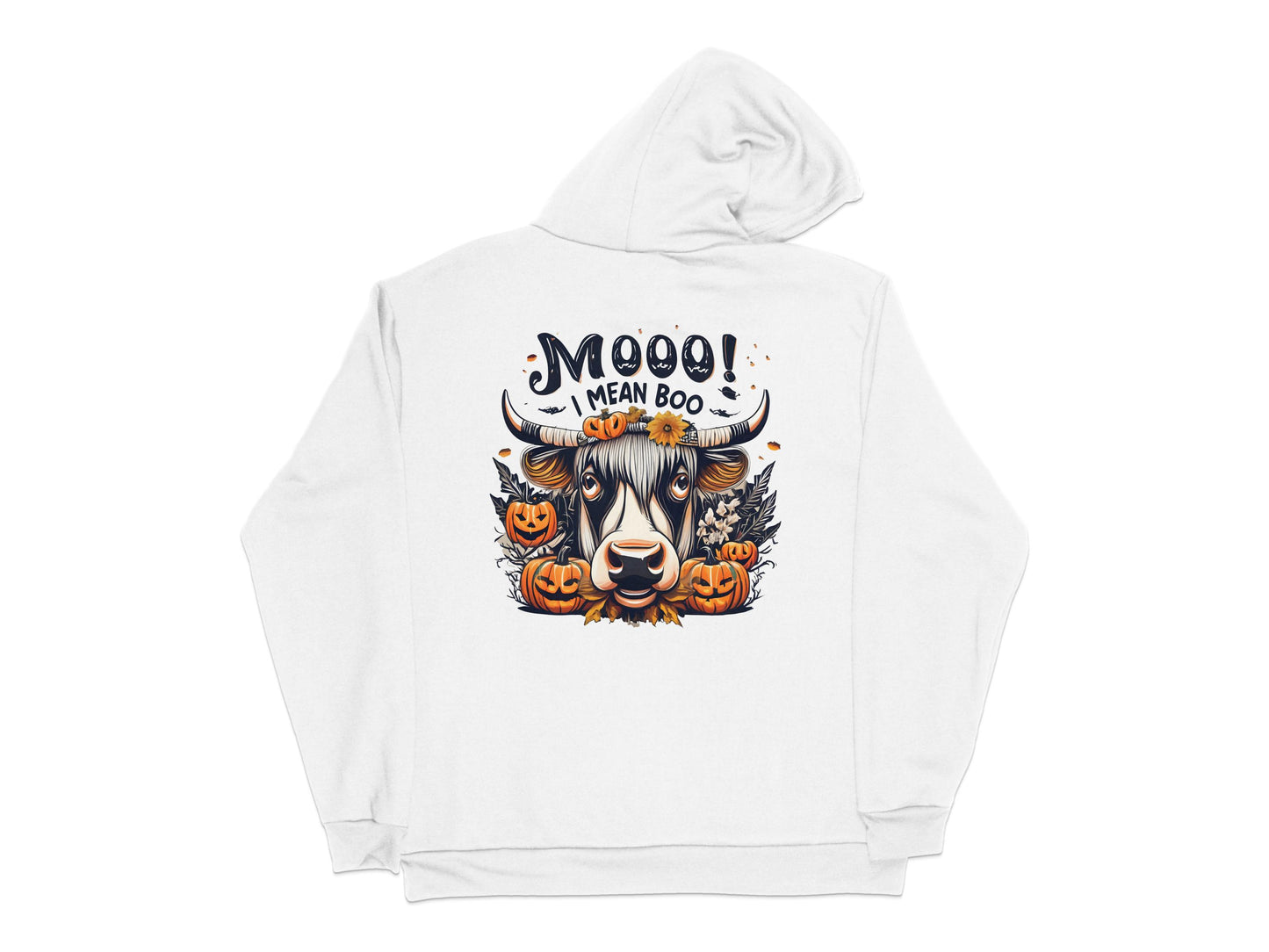 Halloween Cow Hoodie, Funny Moo I Mean Boo Graphic, Unisex Fall Sweatshirt, Pumpkin Holiday Design Casual Apparel