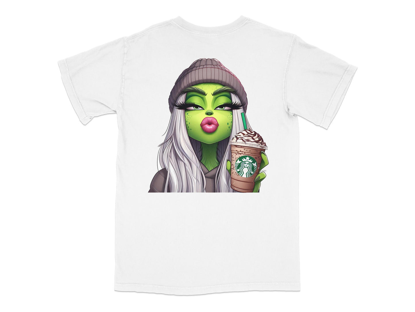 Trendy Alien Graphic T-Shirt, Street Style Fashion, Grey Hair, Green Skin, Holding Coffee Cup