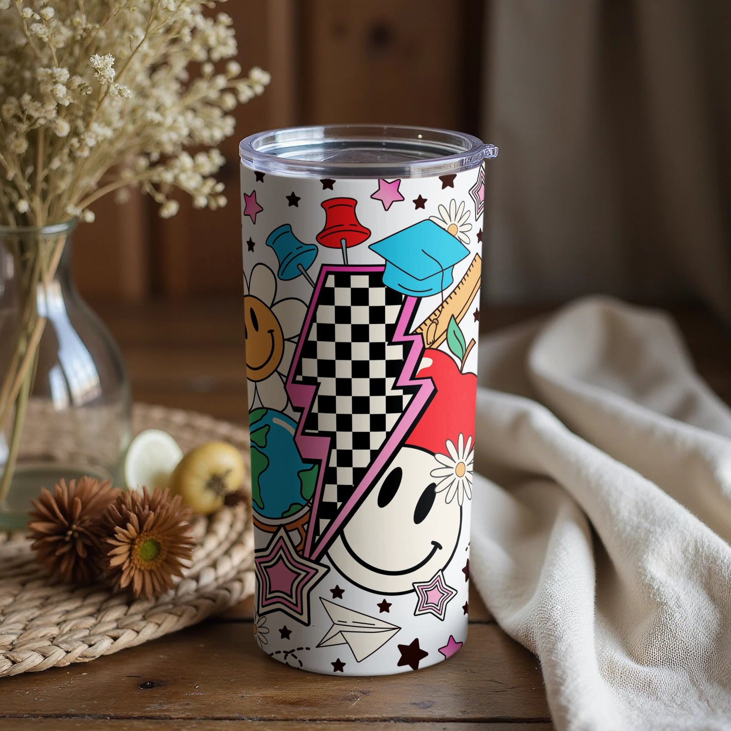 Colorful Cartoon Tumbler, Insulated Travel Cup, Unique Graphic Design, Reusable Coffee Mug, Gift Idea