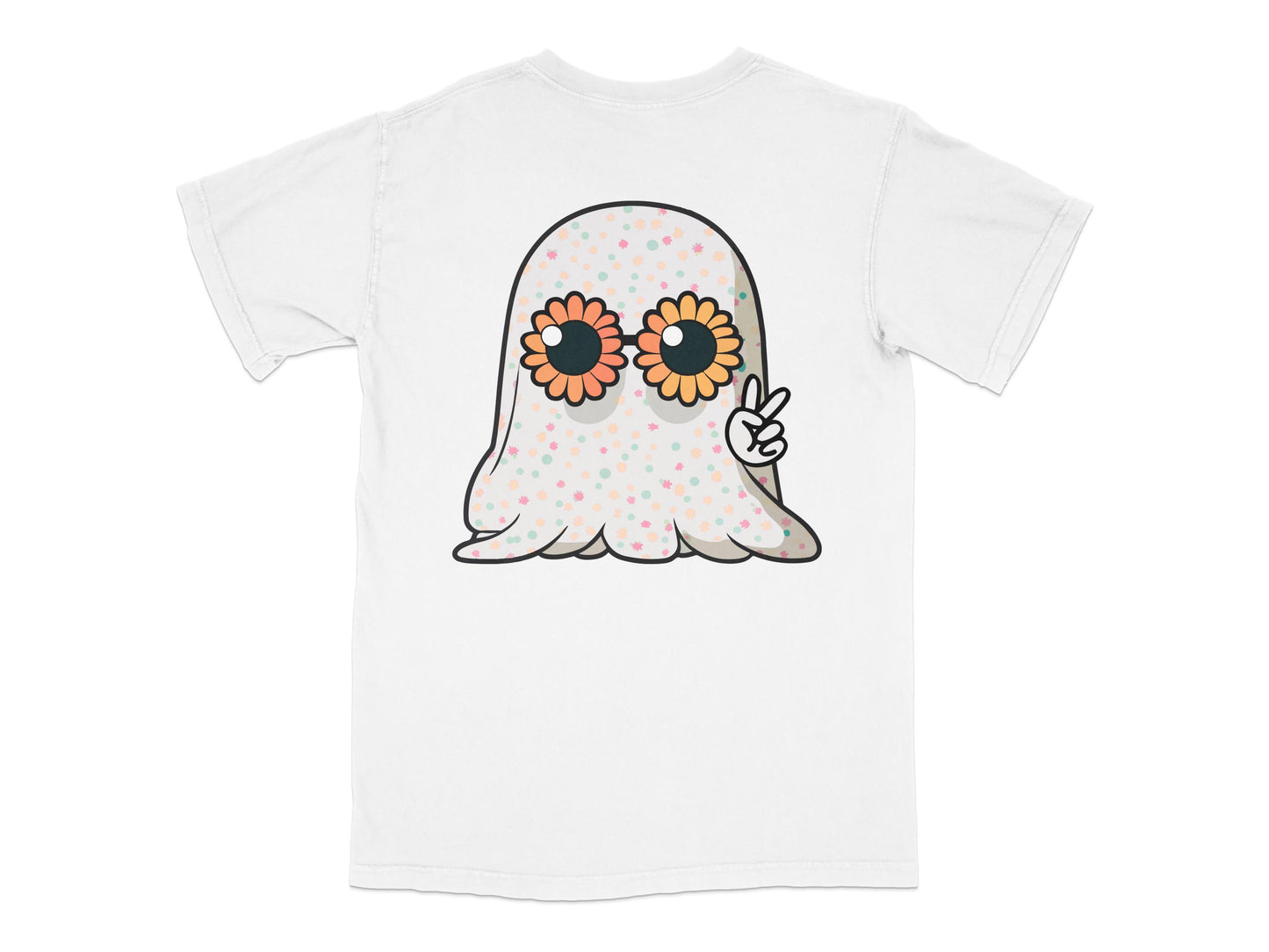 Cute Ghost T-Shirt, Peace Sign Flower Eyes Graphic Tee, Unisex Kids Adult Sizes