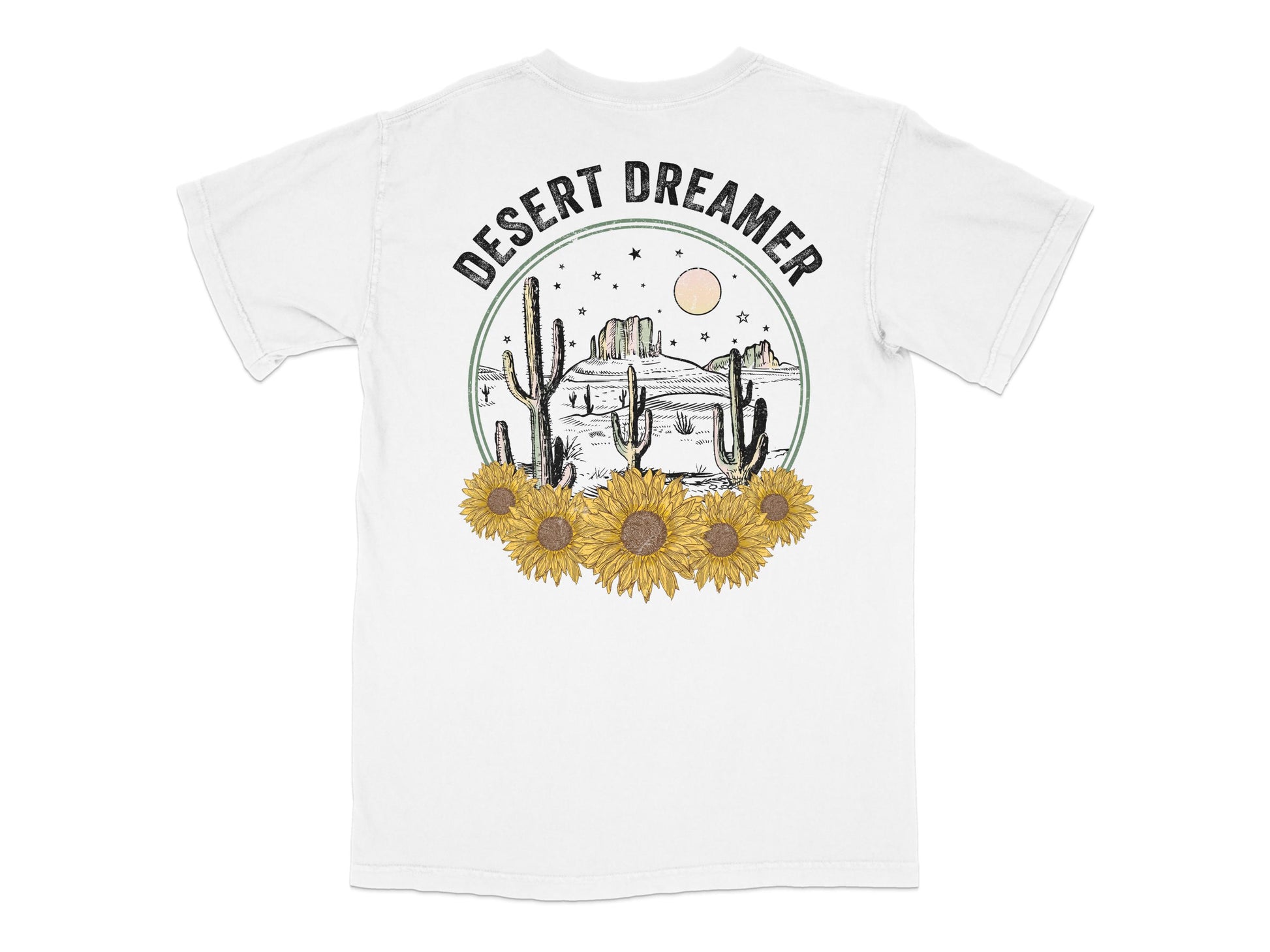 Desert Dreamer Graphic T-Shirt with Cactus and Sunflowers, Vintage White Tee, Moon and Desert Print, Casual Summer Top
