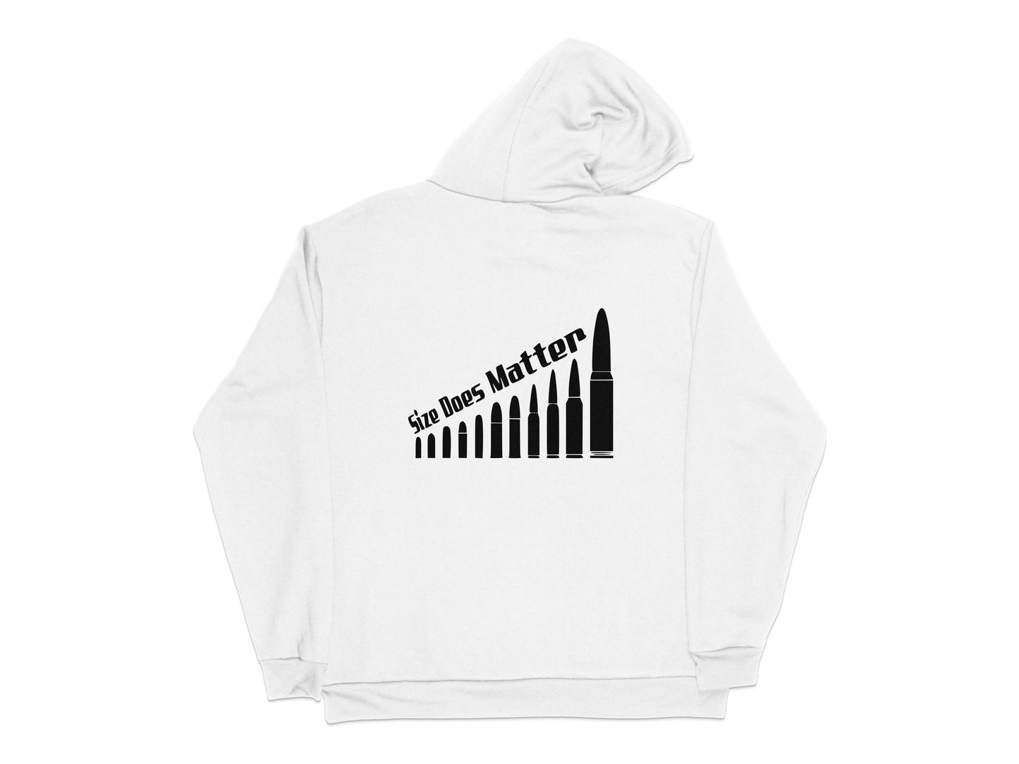 White Hoodie with Black Graphic, Size Does Matter Print, Unisex Pullover, Trendy Streetwear, Casual Clothing, Urban Fashion Sweatshirt