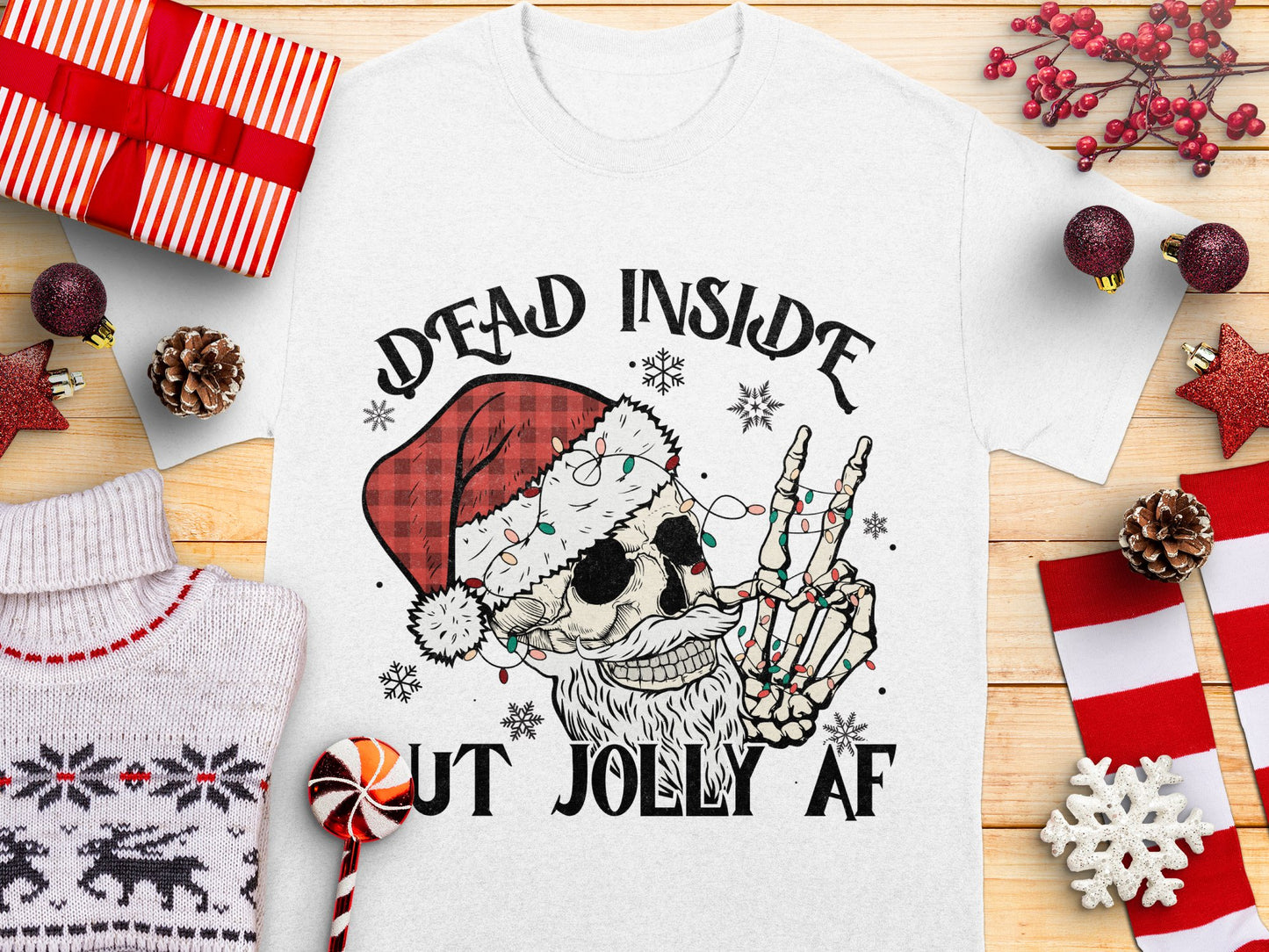 Dead Inside But Jolly AF Christmas T-Shirt, Funny Santa Skull Holiday Tee, Festive Winter Apparel, Unique Xmas Gift Idea