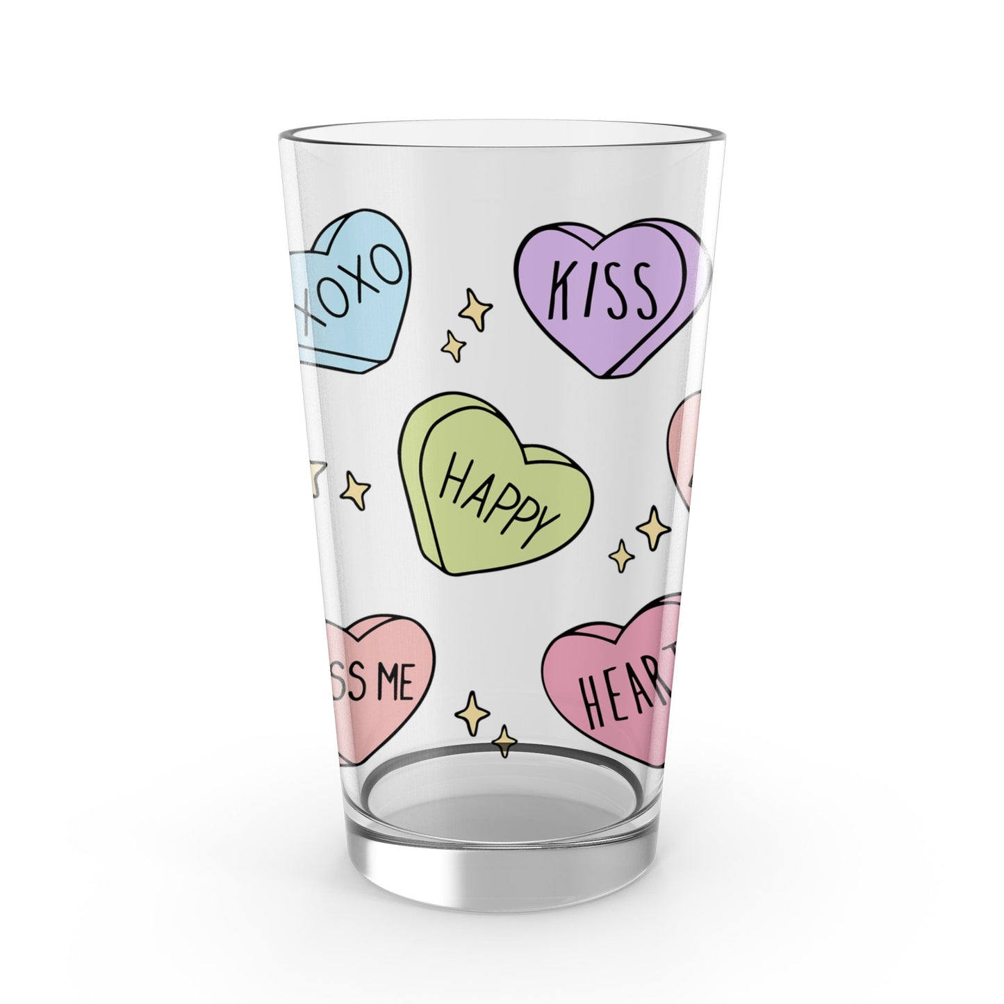 Valentine's Day Glass Tumbler, Cute Heart Candy Messages, Kiss, Hug, Happy Drinkware