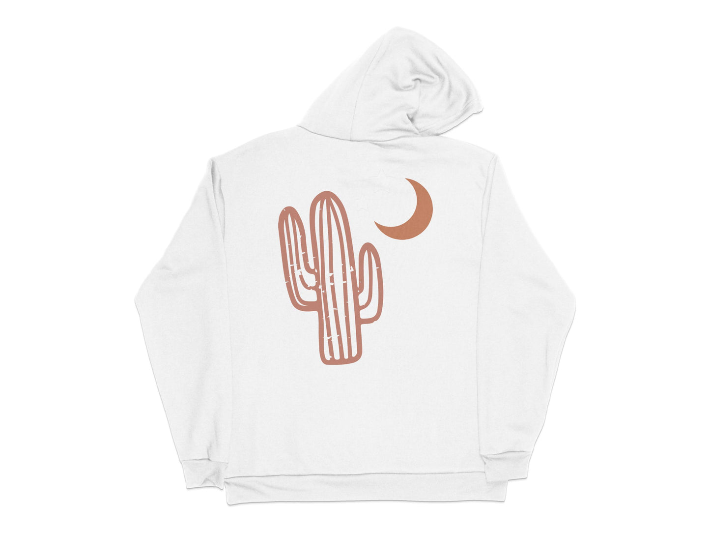 Desert Cactus Hoodie with Crescent Moon Design, Unisex White Casual Pullover Sweatshirt