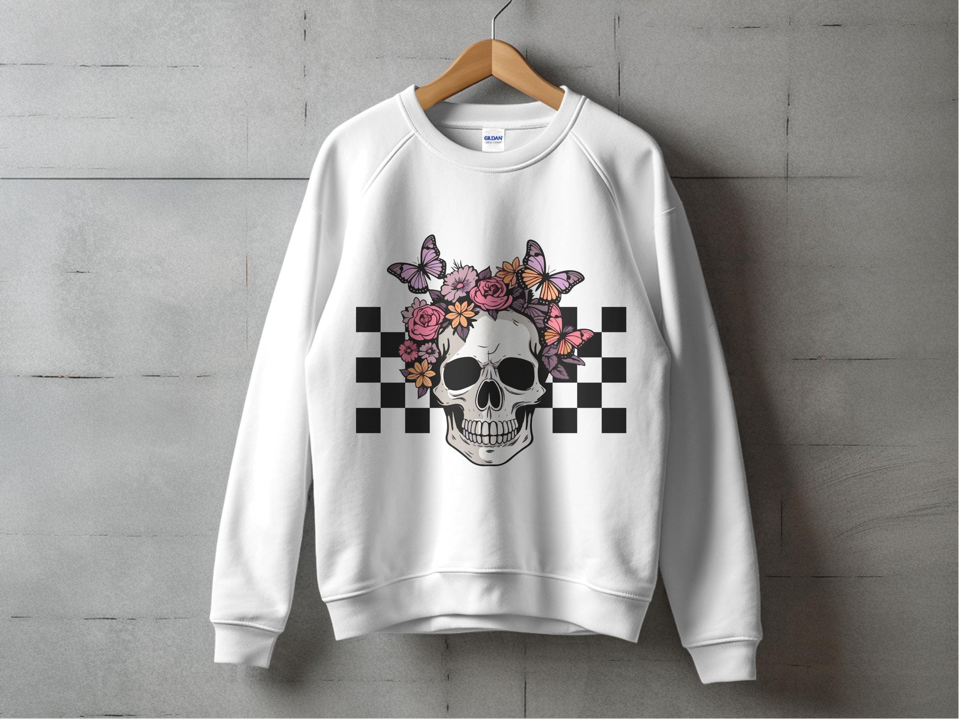 Skull and Floral Print Sweatshirt, Gothic Flowers Checkerboard Graphic Pullover, Unisex Fashion Top