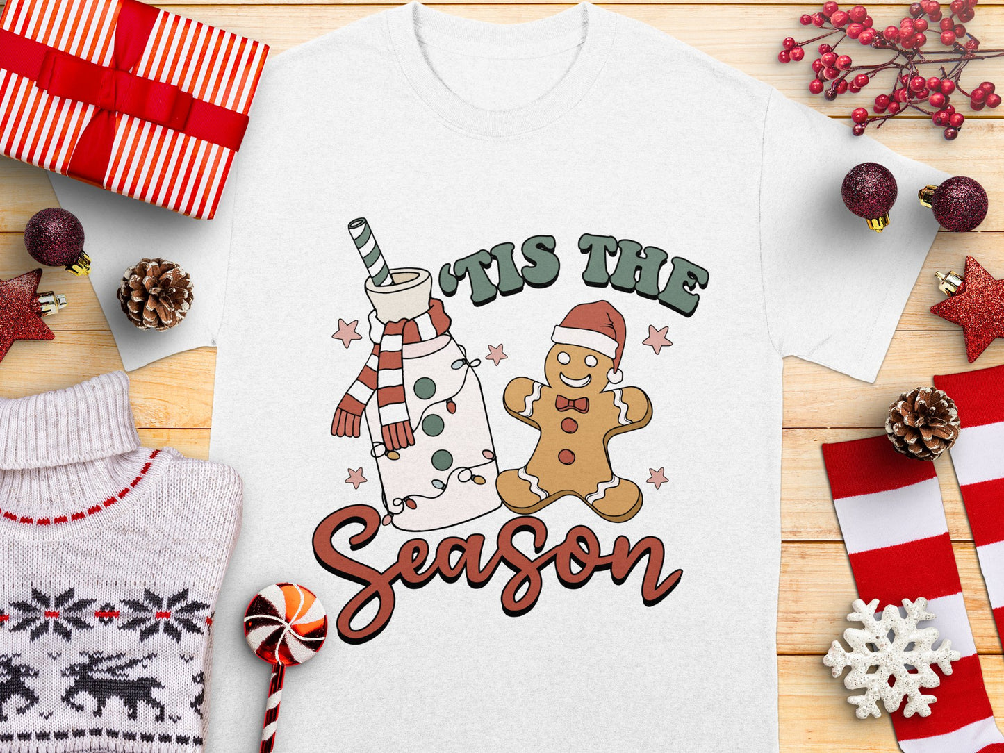 Christmas T-Shirt 'Tis The Season' Gingerbread Man and Lighthouse Holiday Tee, Festive Winter Apparel, Unisex Gift Idea