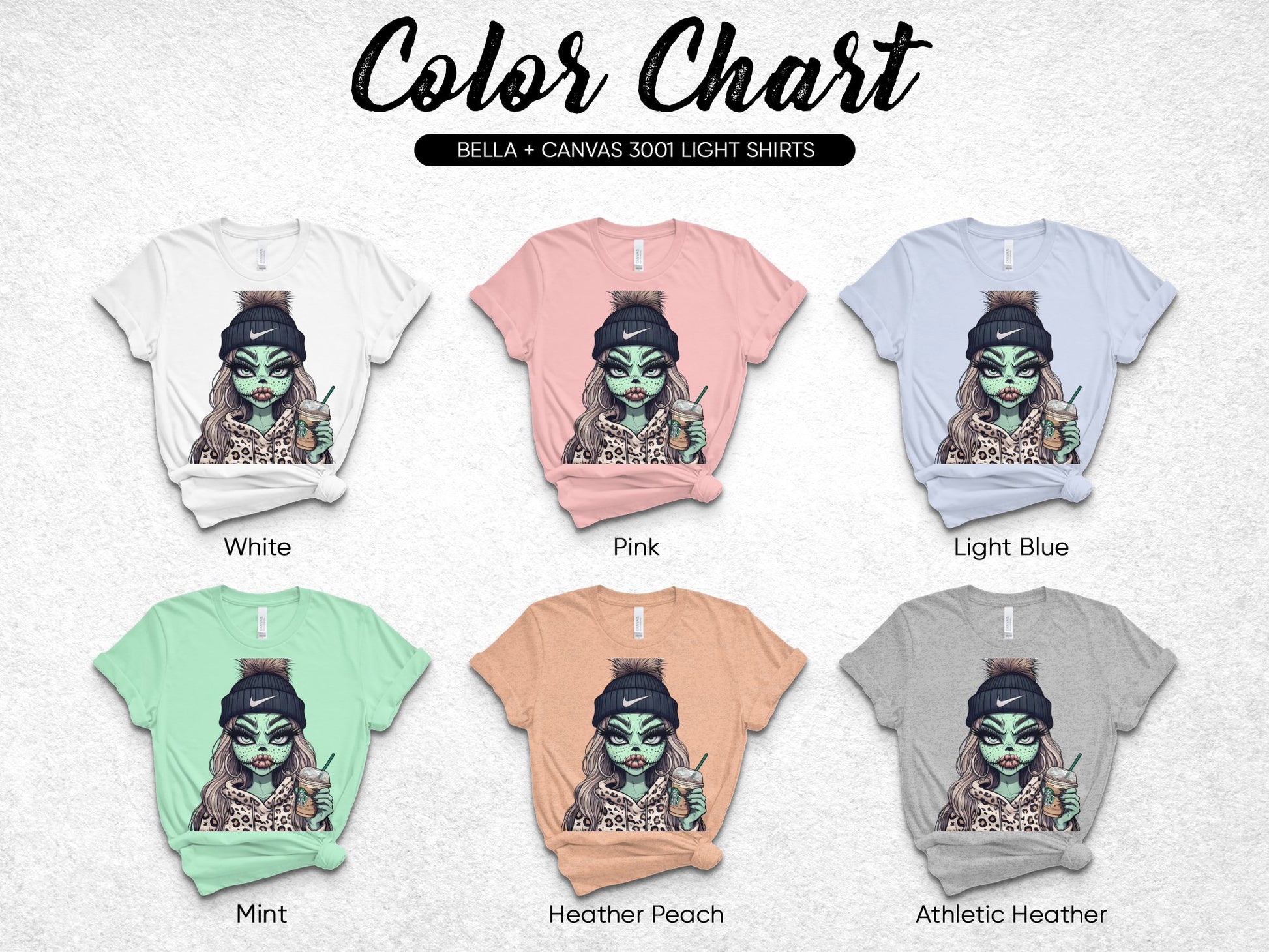 Bella Canvas 3001 Light T-Shirts, Color Chart with Printed Design, Multiple Colors Available