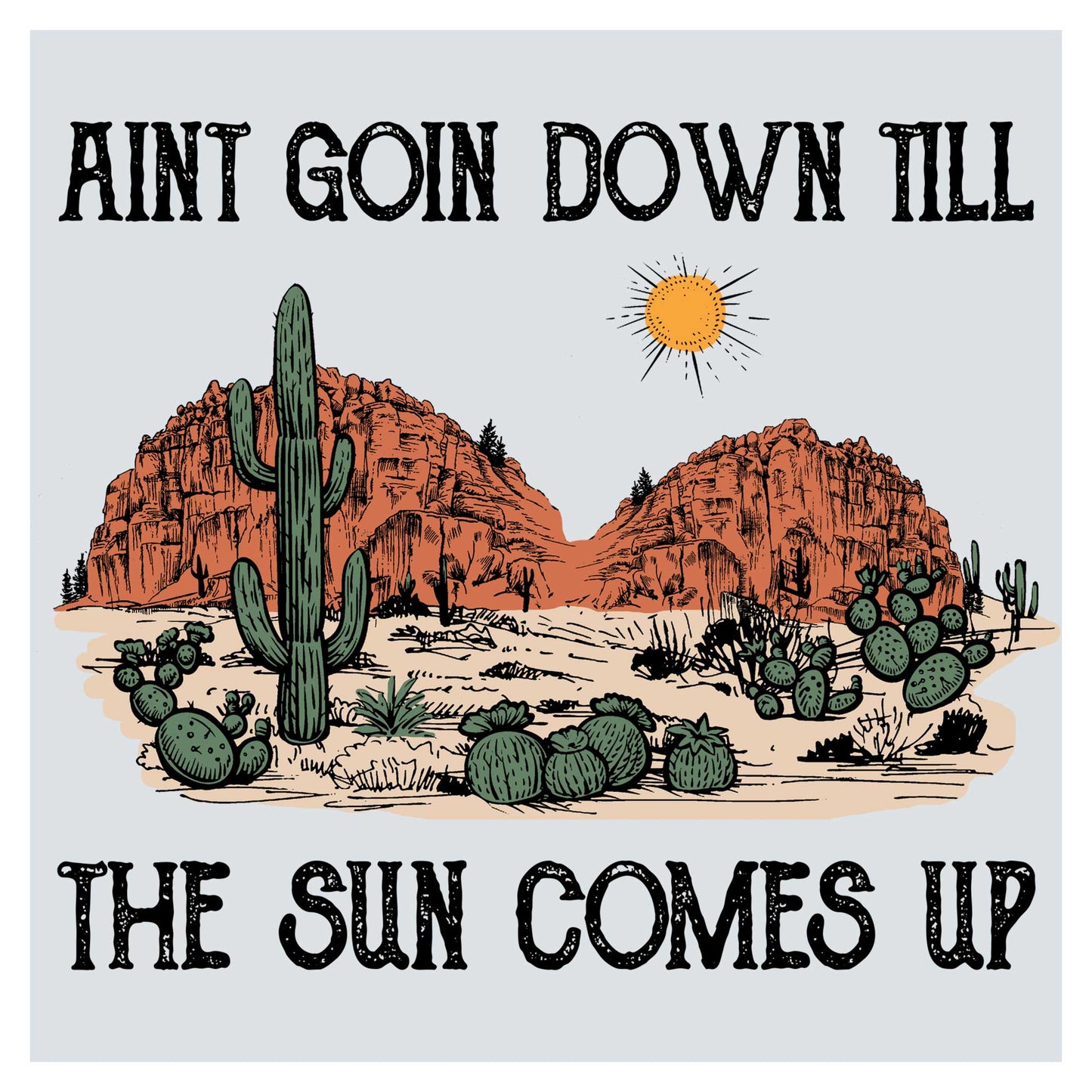 a desert scene with a cactus and a sun