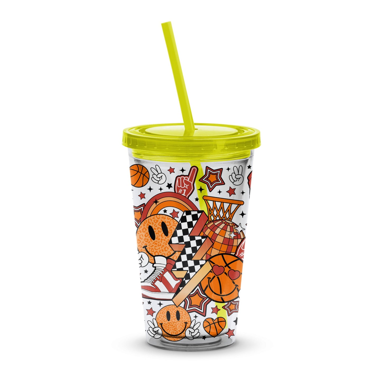 Sports Themed Insulated Tumbler, Colorful Basketball Soccer Baseball, Reusable Cup with Straw