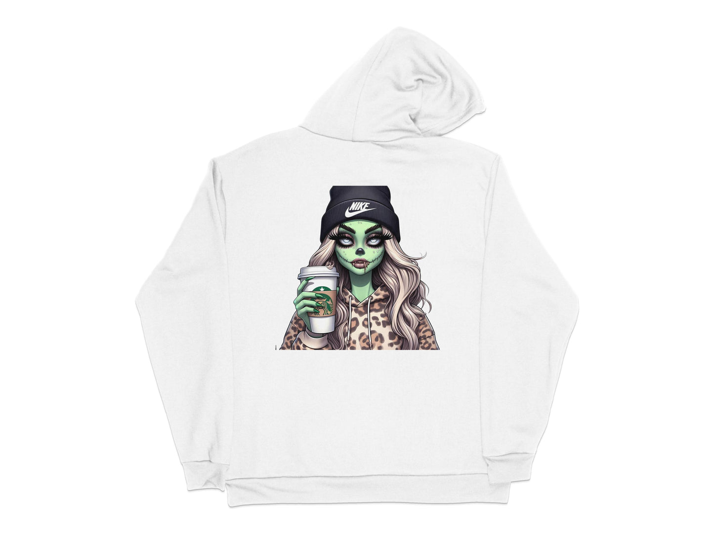 Zombie Girl with Coffee Hoodie, Nike Hat Graphic, Leopard Print, Unisex Sweatshirt Pullover