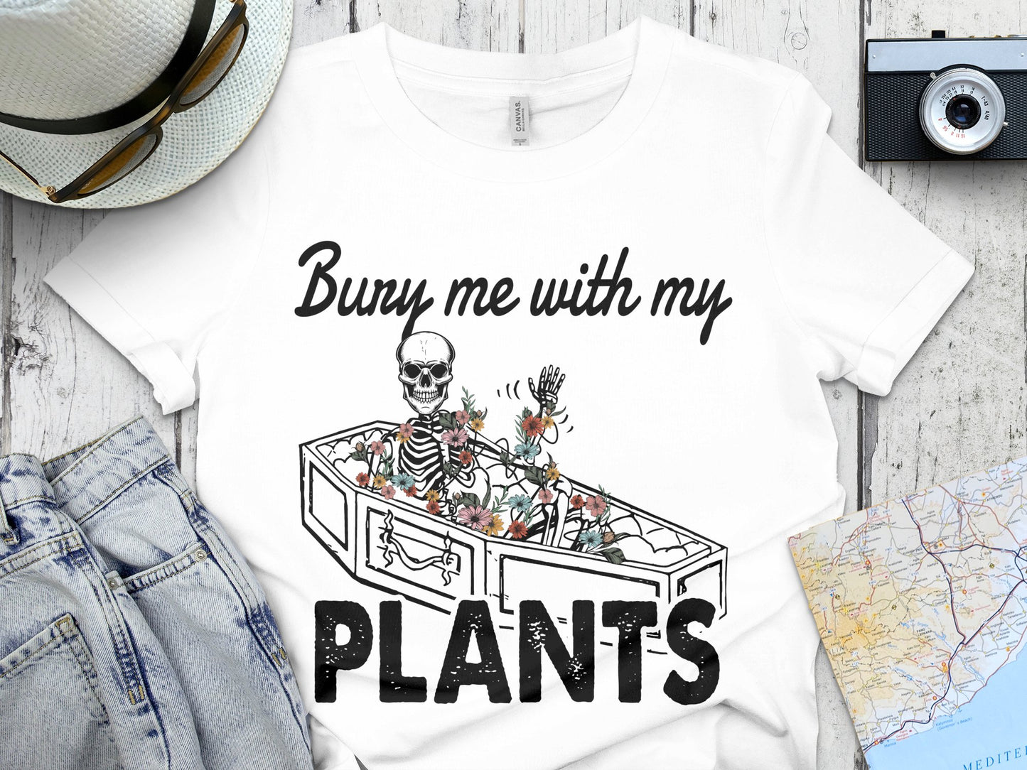 Skeleton Graphic T-Shirt, 'Bury Me With My Plants' Funny Botanical Tee, Unisex Cotton Shirt, Gift for Gardeners