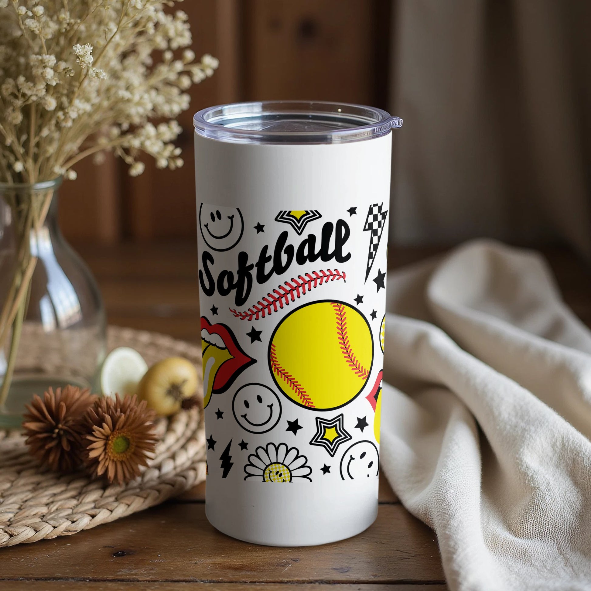 Softball Themed Insulated Tumbler, White Travel Mug with Sporty Designs, Gift for Athletes and Fans