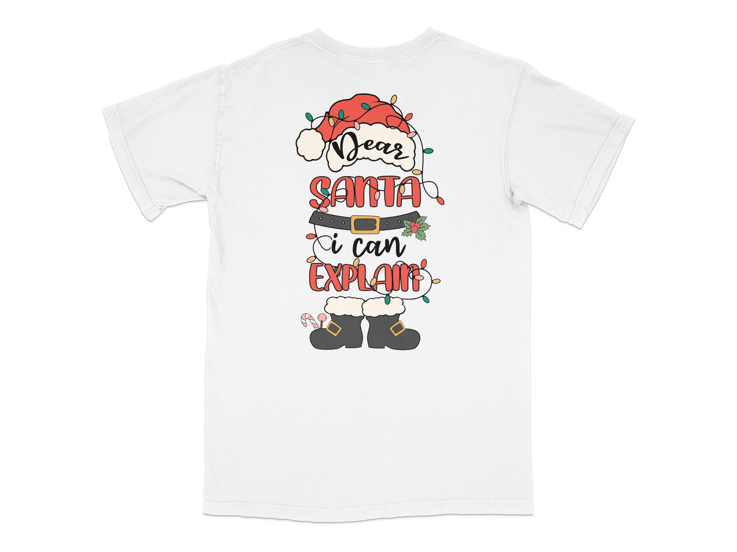 Christmas T-Shirt Dear Santa I Can Explain, Funny Holiday Tee, White Shirt with Santa Graphic, Festive Winter Apparel