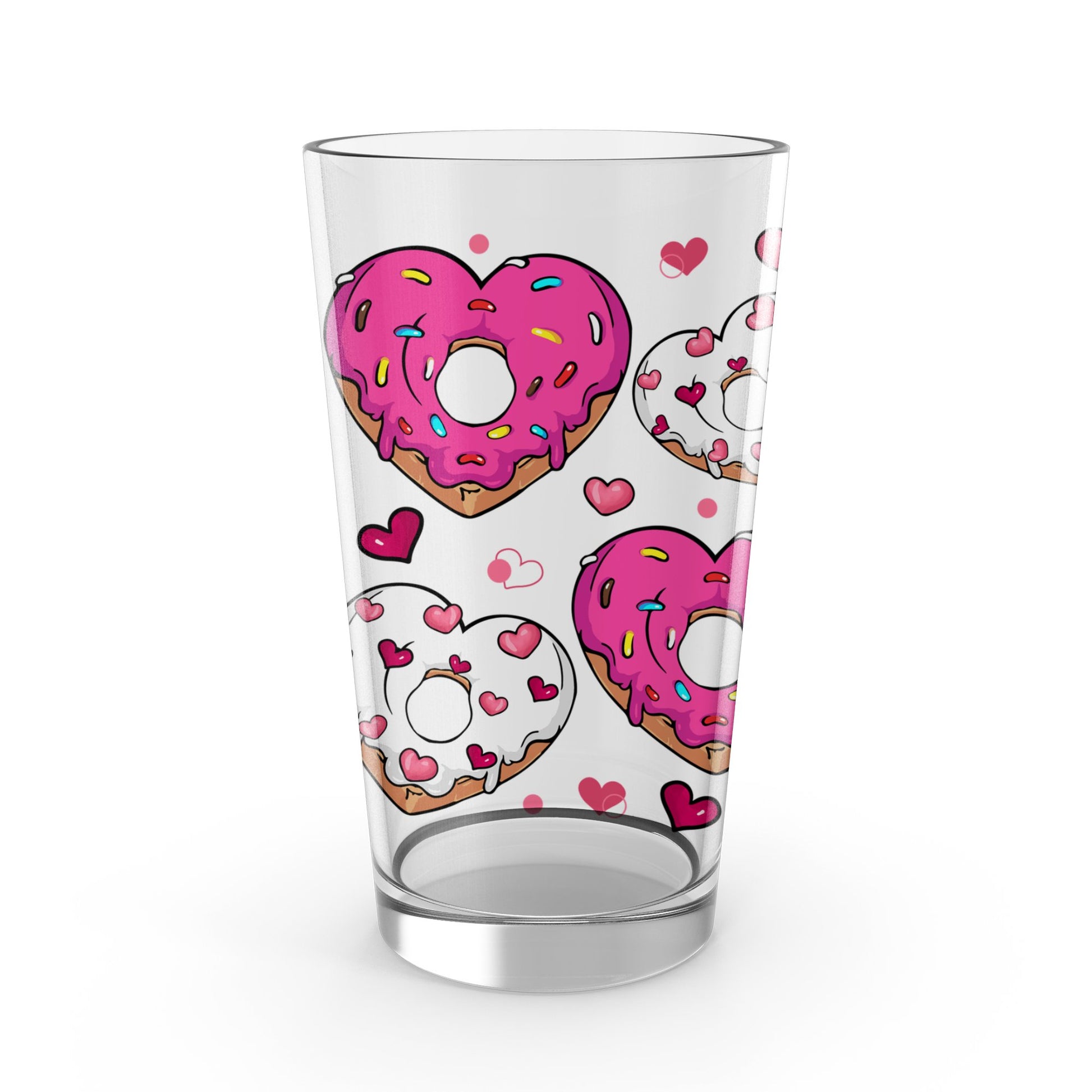 Pink Donut Pattern Glass Tumbler, Cute Heart Sprinkles Drinkware, Fun Breakfast Themed Cup for Coffee or Juice