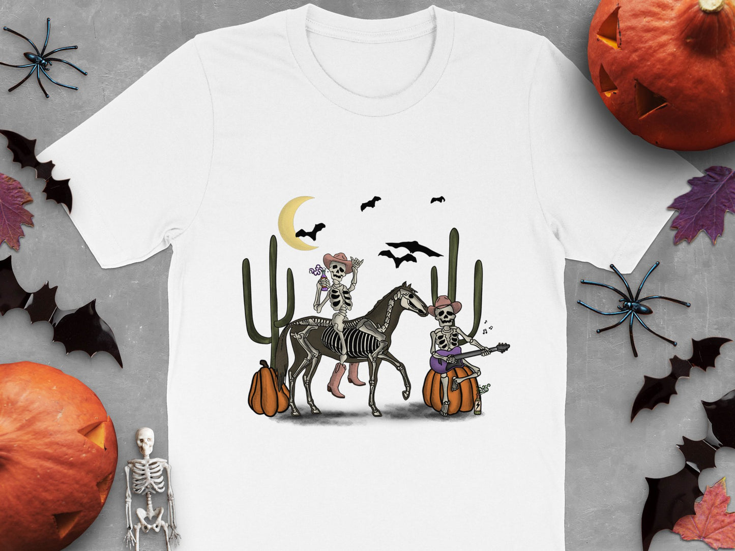 Halloween T-Shirt Skeletons Riding Horses Cartoon Graphic Tee Spooky Apparel