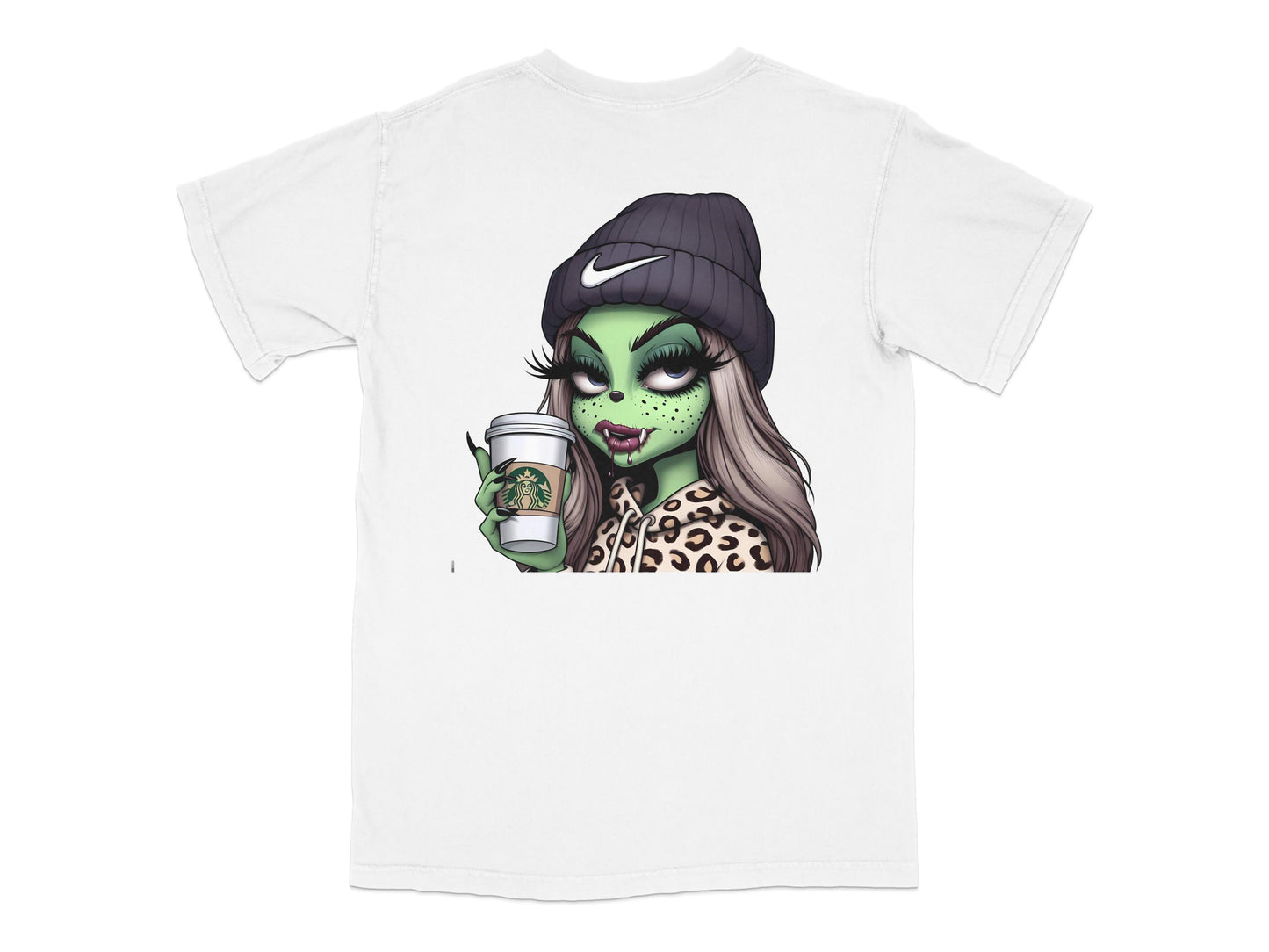 Zombie Girl Graphic T-Shirt, Coffee Lover Illustration, Green Monster Art, Casual Wear, Funky Street Style Tee, Unique Design Shirt