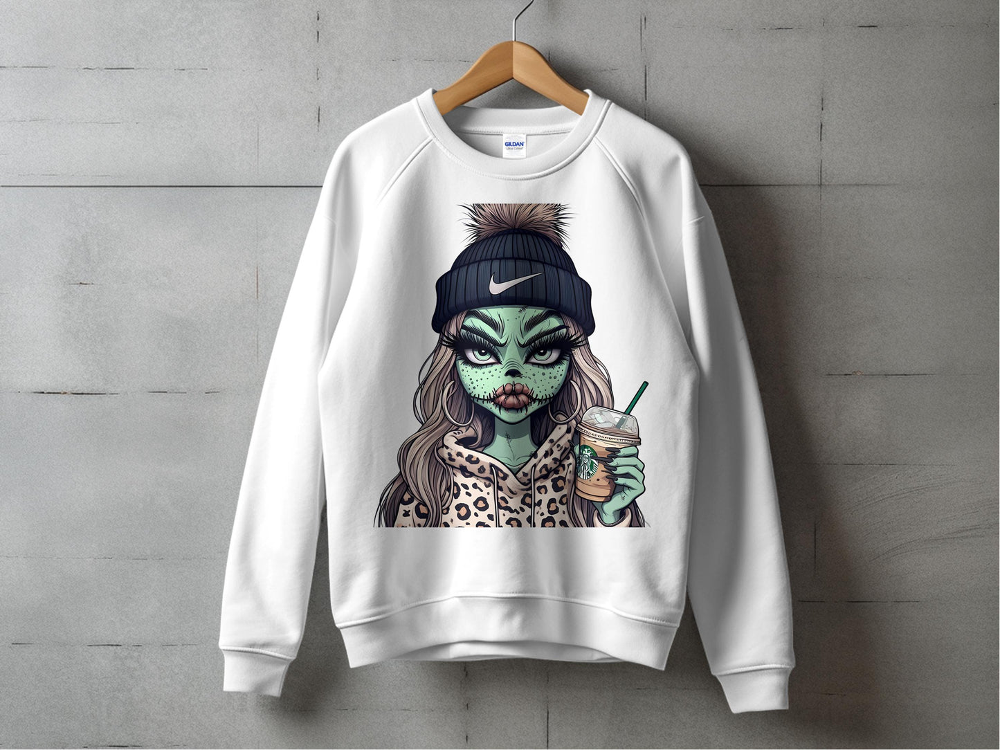 Zombie Girl Graphic Sweatshirt, Trendy Monster Print Pullover, Urban Style Illustrated Streetwear Top