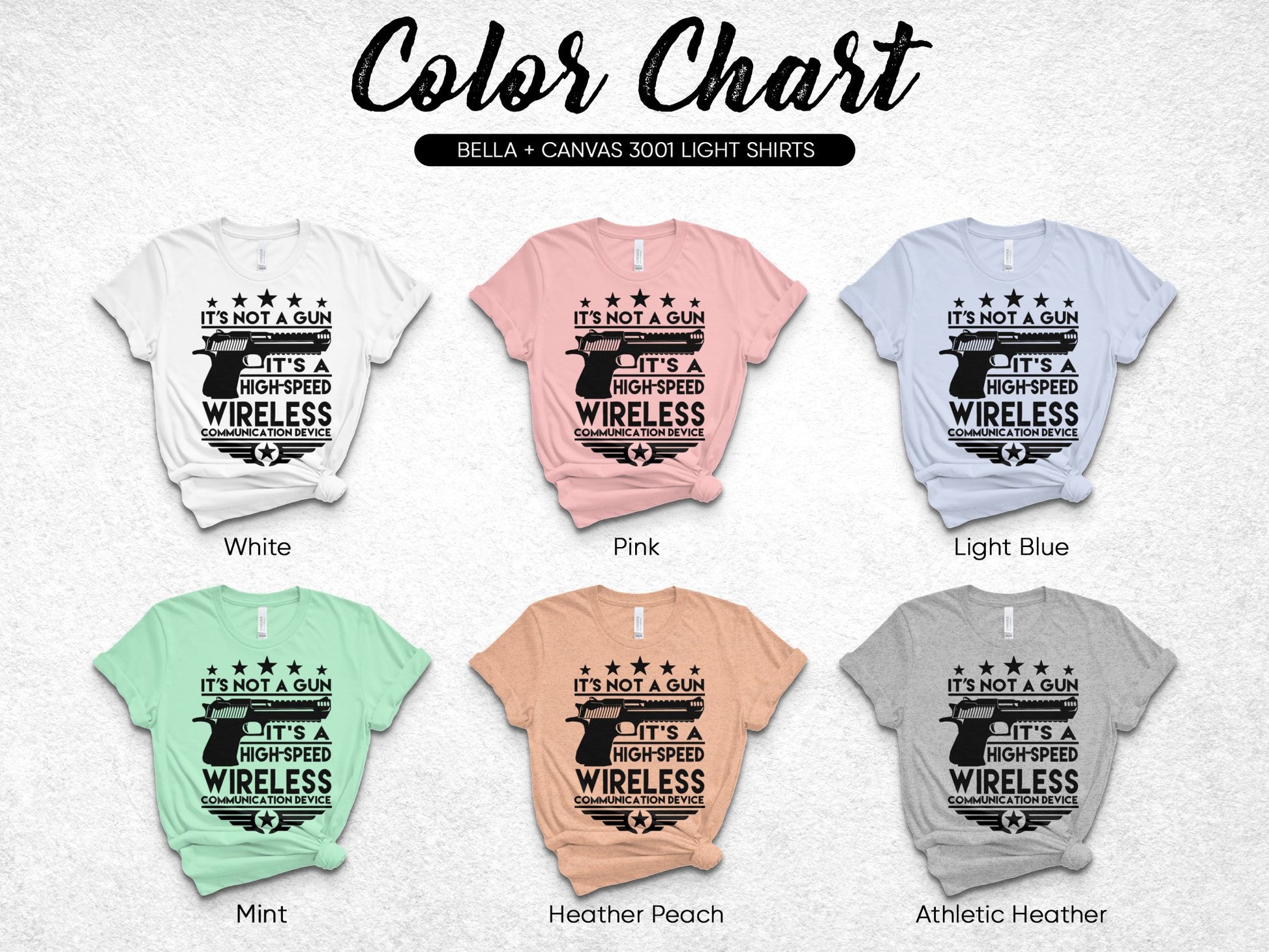 Bella Canvas 3001 T-Shirt Color Chart, Highspeed Wireless Graphic Tee Options in Various Colors