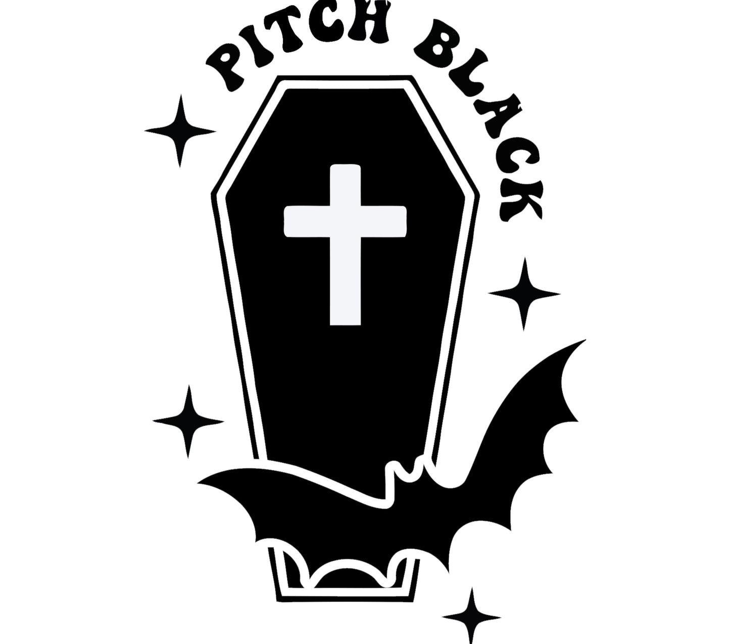 Gothic Coffin Pitch Black Sticker, Bat and Cross Decal, Spooky Black and White Emblem for Laptops and Notebooks