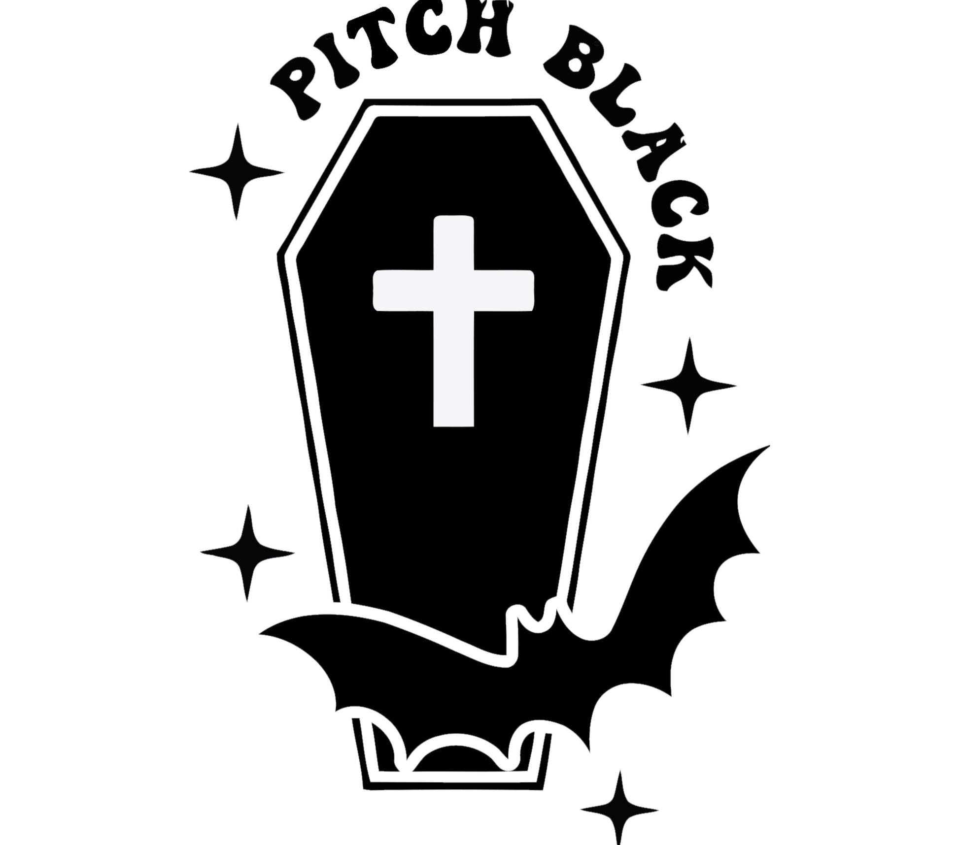 Gothic Coffin Pitch Black Sticker, Bat and Cross Decal, Spooky Black and White Emblem for Laptops and Notebooks