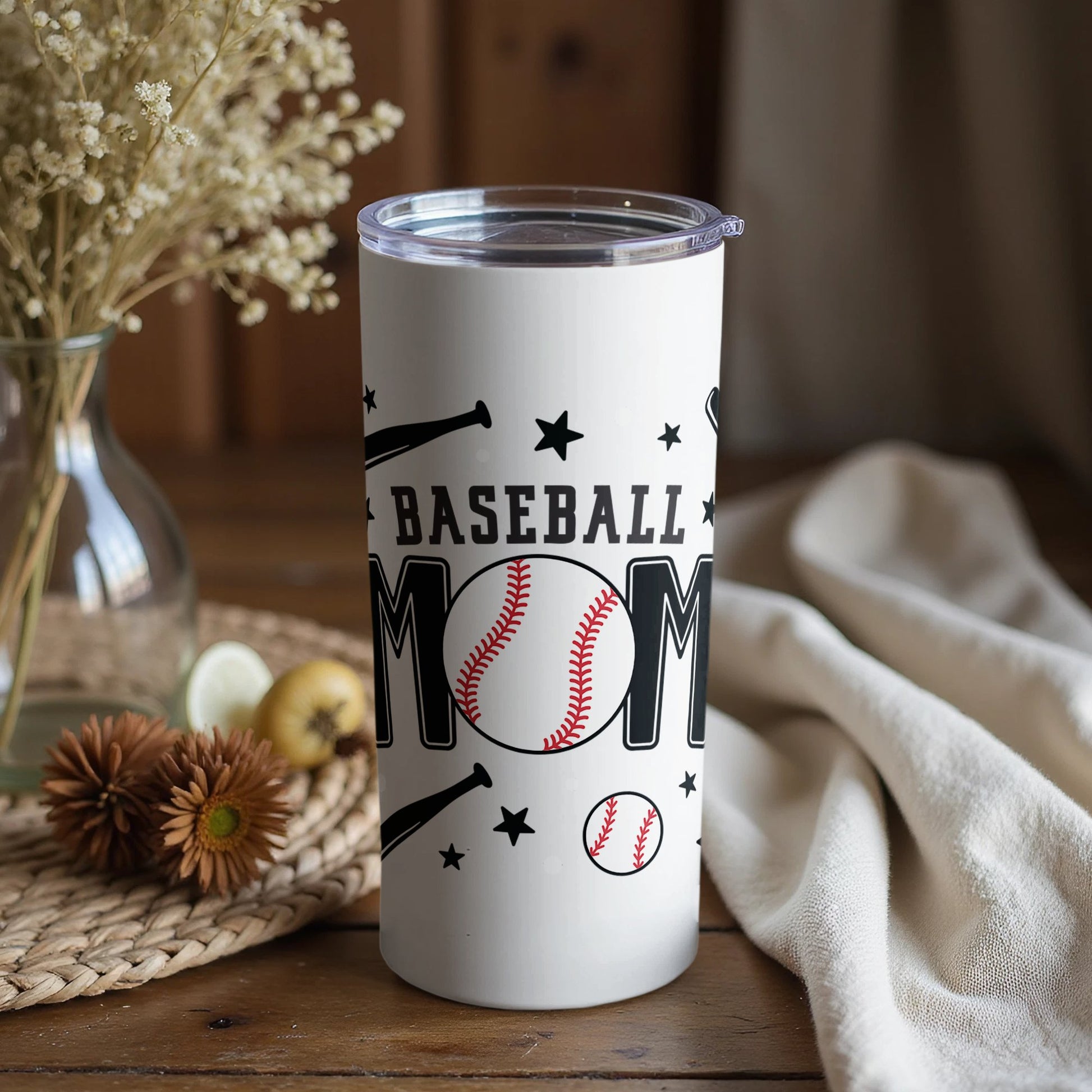 Baseball Mom Insulated Tumbler, White Travel Mug, Sports Enthusiast Gift, Personalized Team Support Drinkware