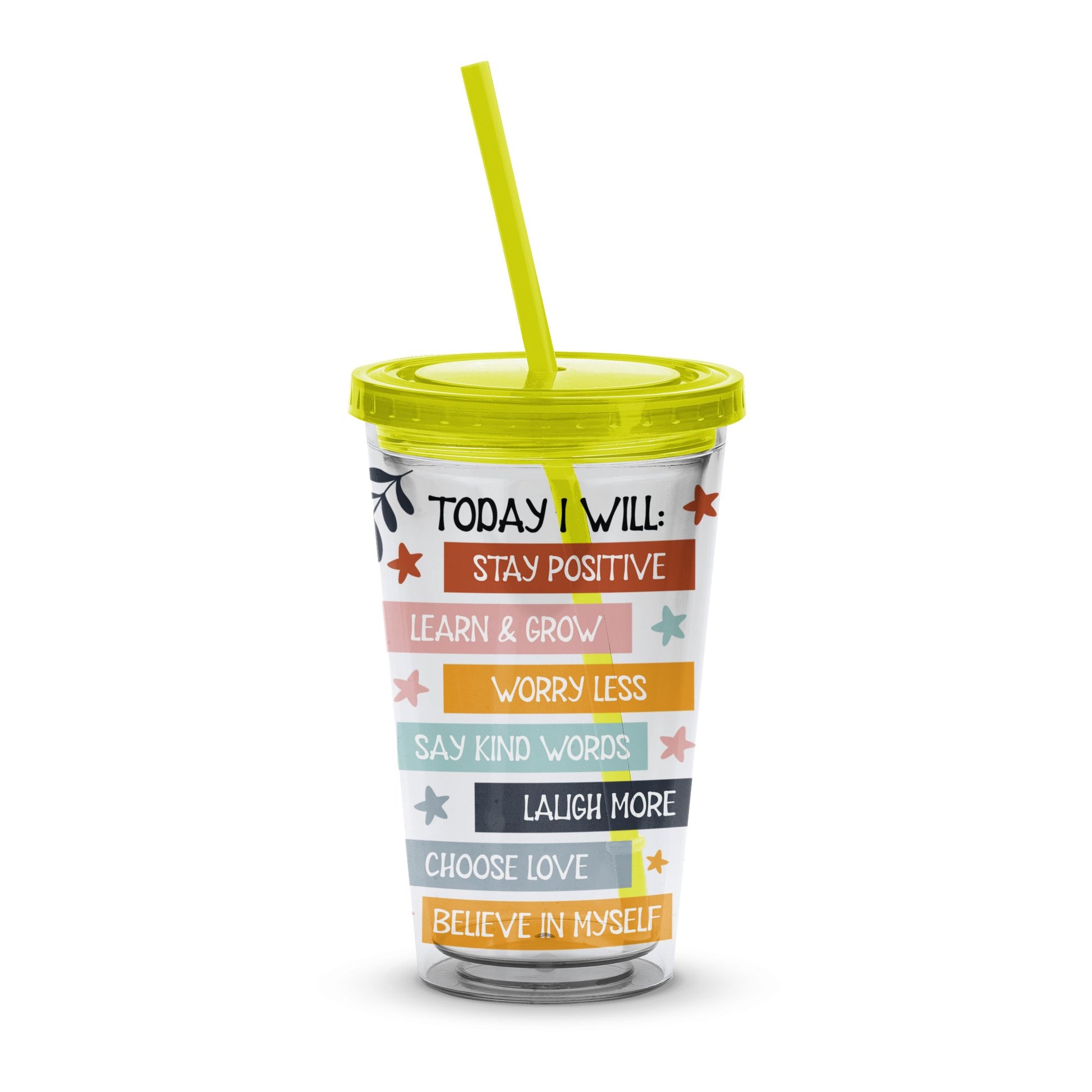 Inspirational Quote Tumbler, Stay Positive Learn Grow, Motivational Travel Cup with Straw