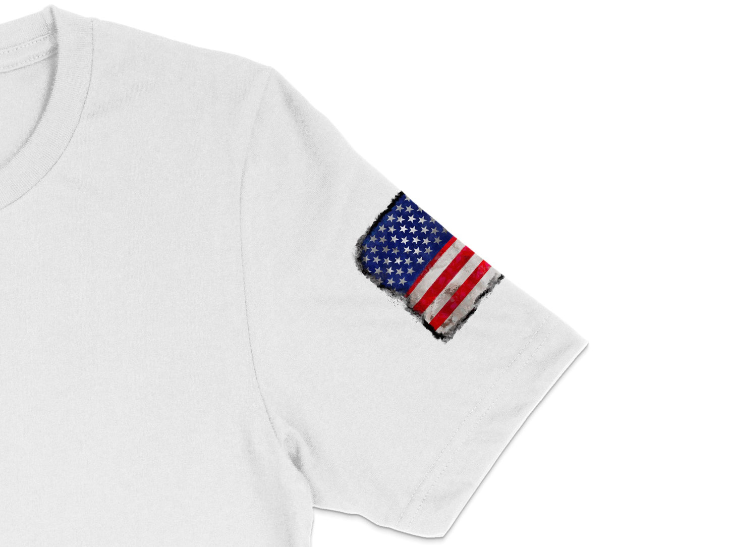 Patriotic USA Flag Patch T-Shirt, American Flag Sleeve Detail, Unisex White Tee Comfort Fit, Casual Summer Apparel