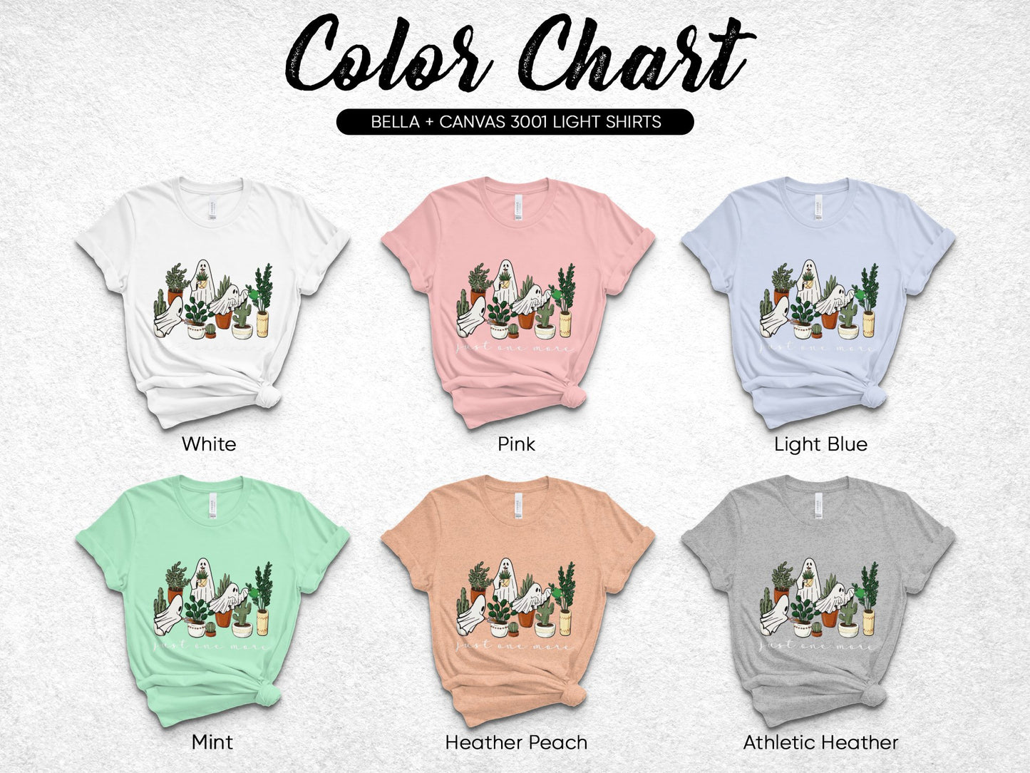 Bella Canvas 3001 T-Shirt Color Chart with Cactus Design, Unisex Light Shirts in White, Pink, Blue, Mint, Peach