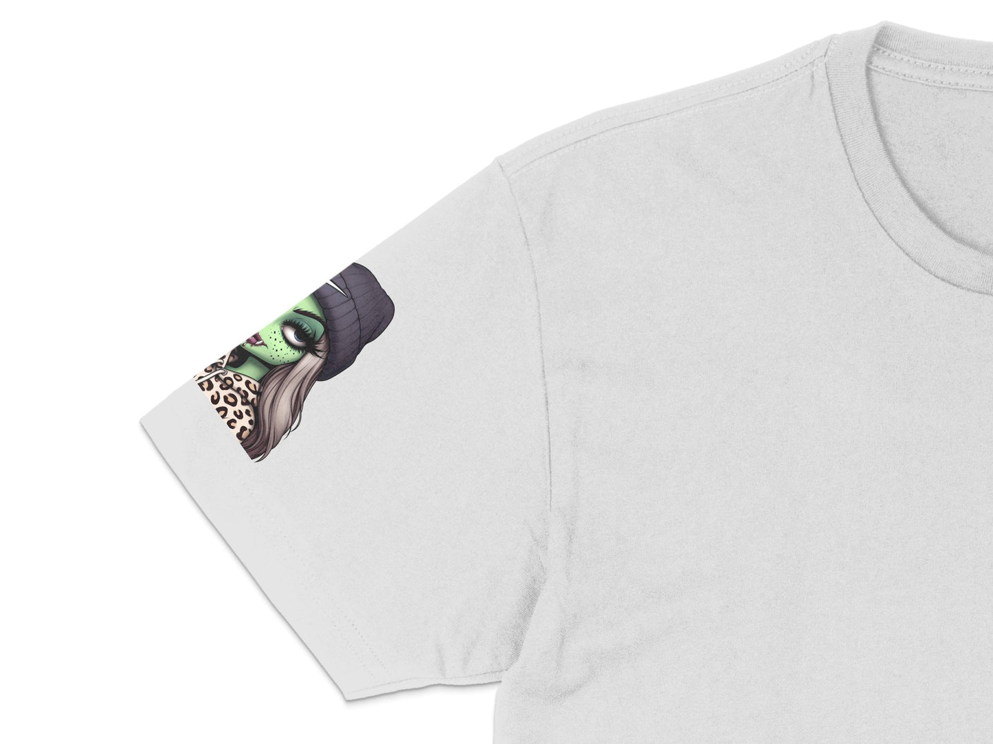 Women's Graphic T-Shirt, Green Witch Face Print, Unique Halloween Apparel, Casual Streetwear Style, Soft Cotton Tee