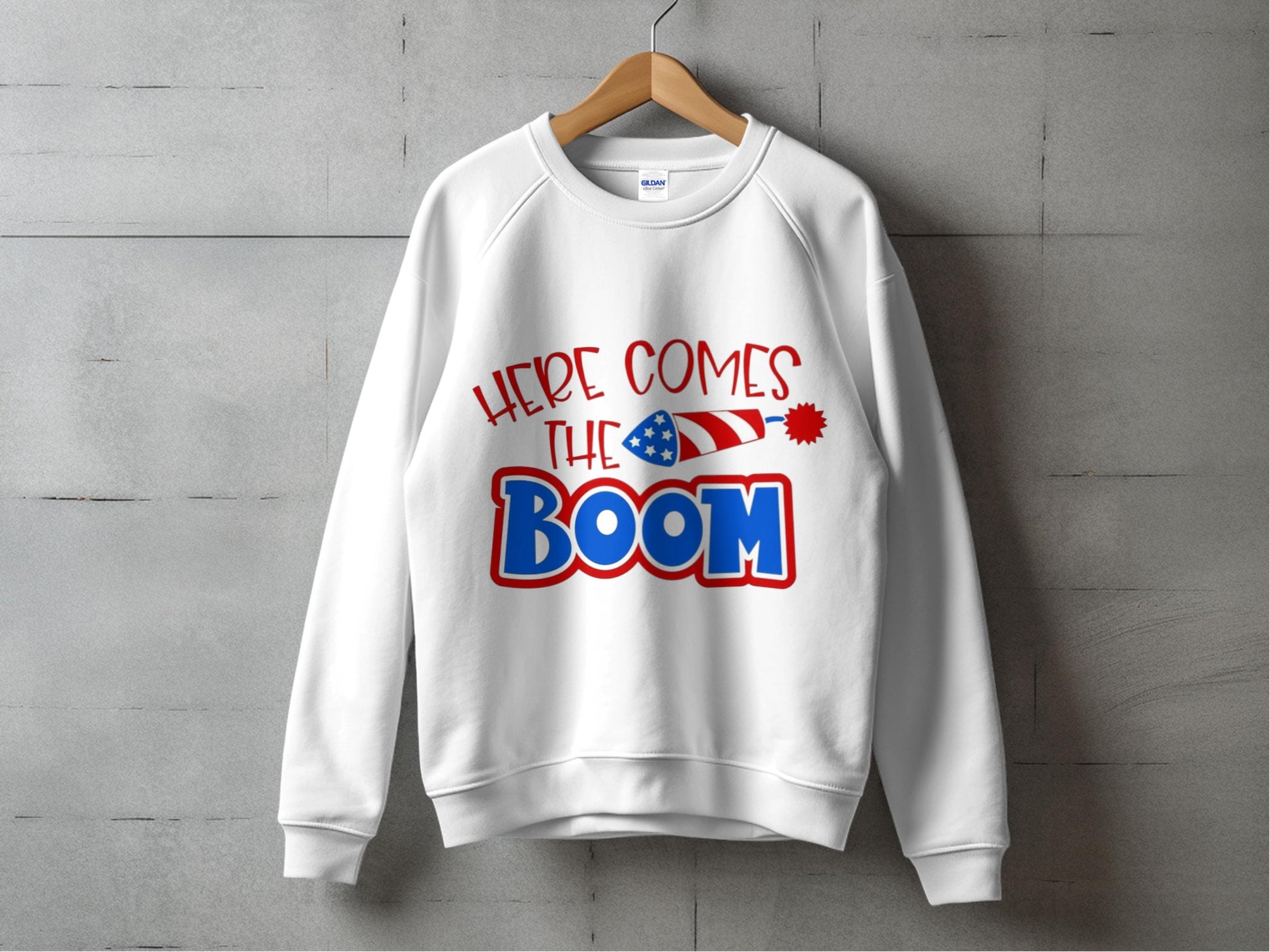 White Graphic Sweatshirt 'Here Comes The Boom' Patriotic Design, Casual Pullover, Unisex Sweatshirt Size Options