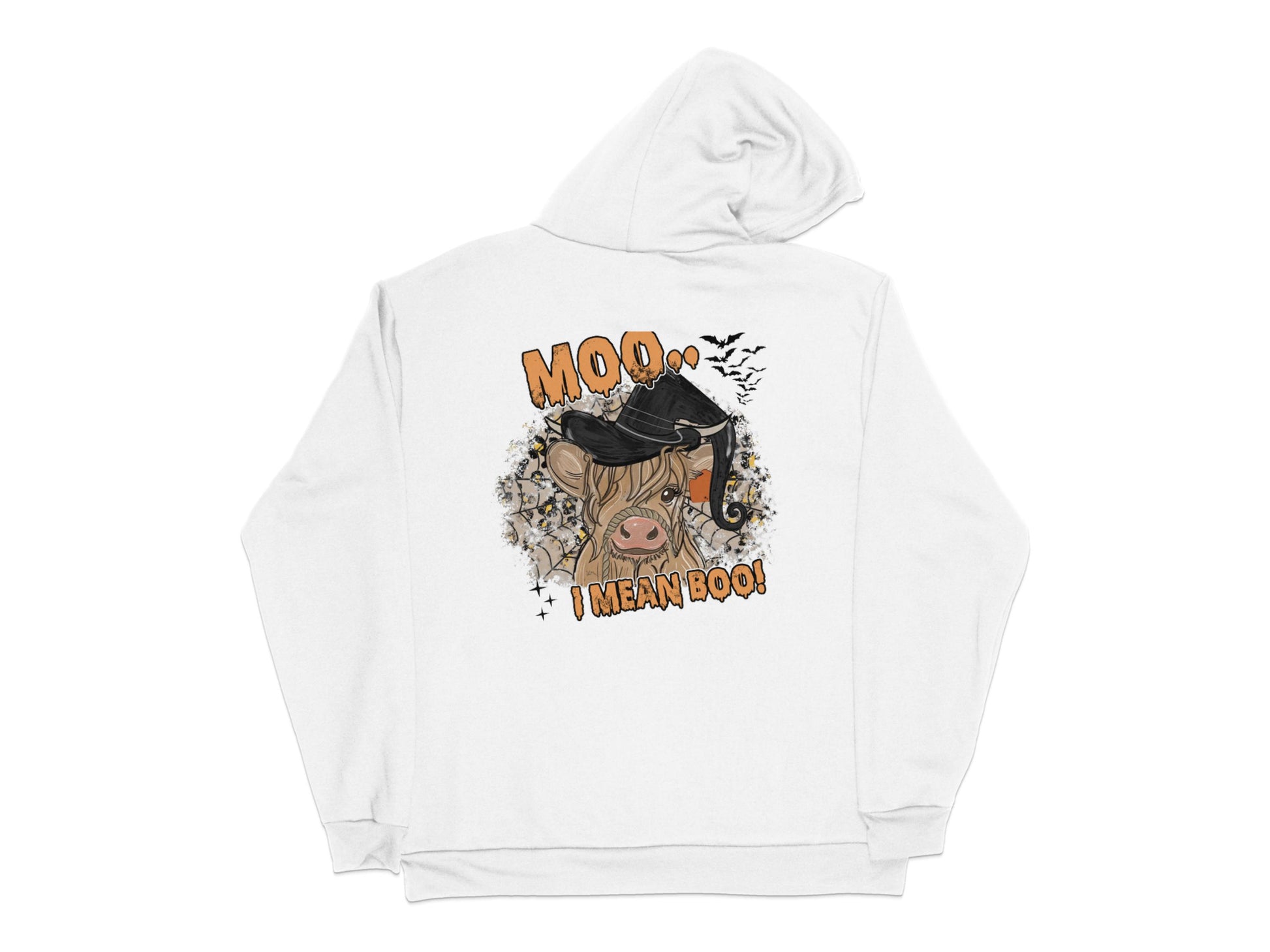 Funny Halloween Hoodie, Cow Witch Graphic, Moo I Mean Boo, Unisex Fall Apparel, Casual Pullover Sweatshirt