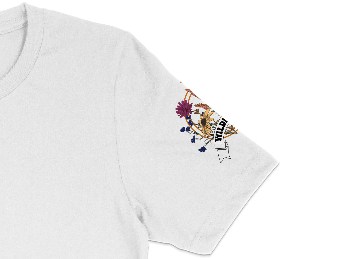 White T-Shirt with Vibrant Sleeve Embroidery, Floral Design, Casual Wear, Unisex Fashion Top