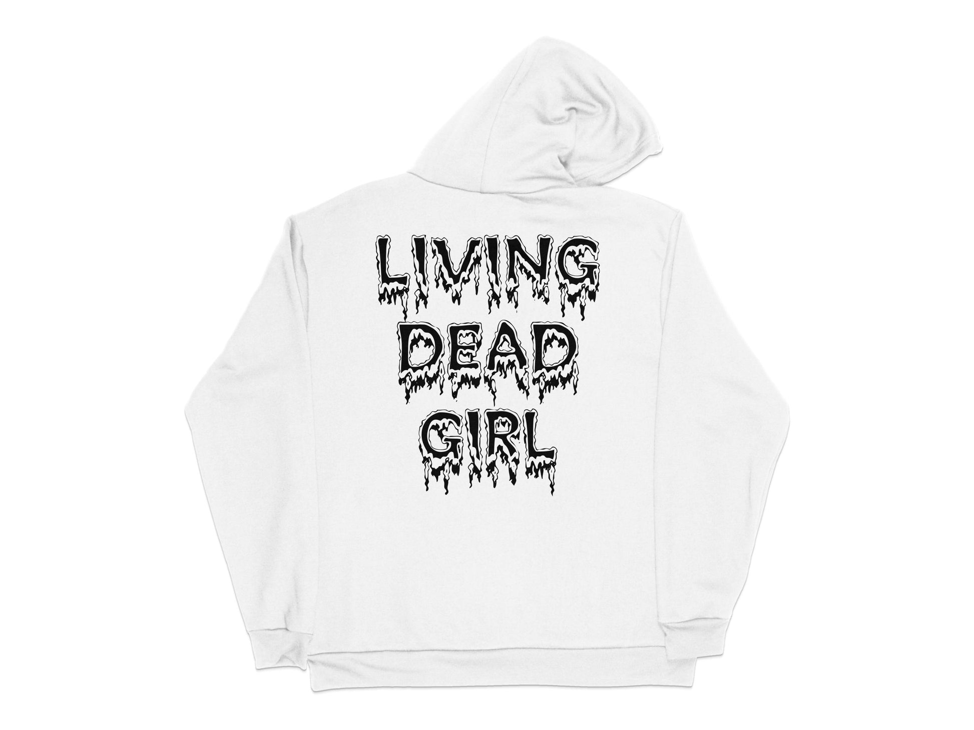 Living Dead Girl Graphic Hoodie, Spooky Goth Apparel, White Pullover, Horror Fashion Sweatshirt