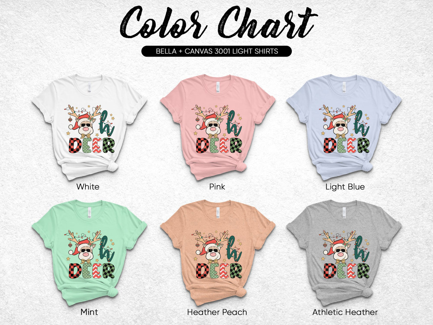 Bella Canvas 3001 T-Shirt Christmas Reindeer Graphic in Various Colors Light Blue Pink White