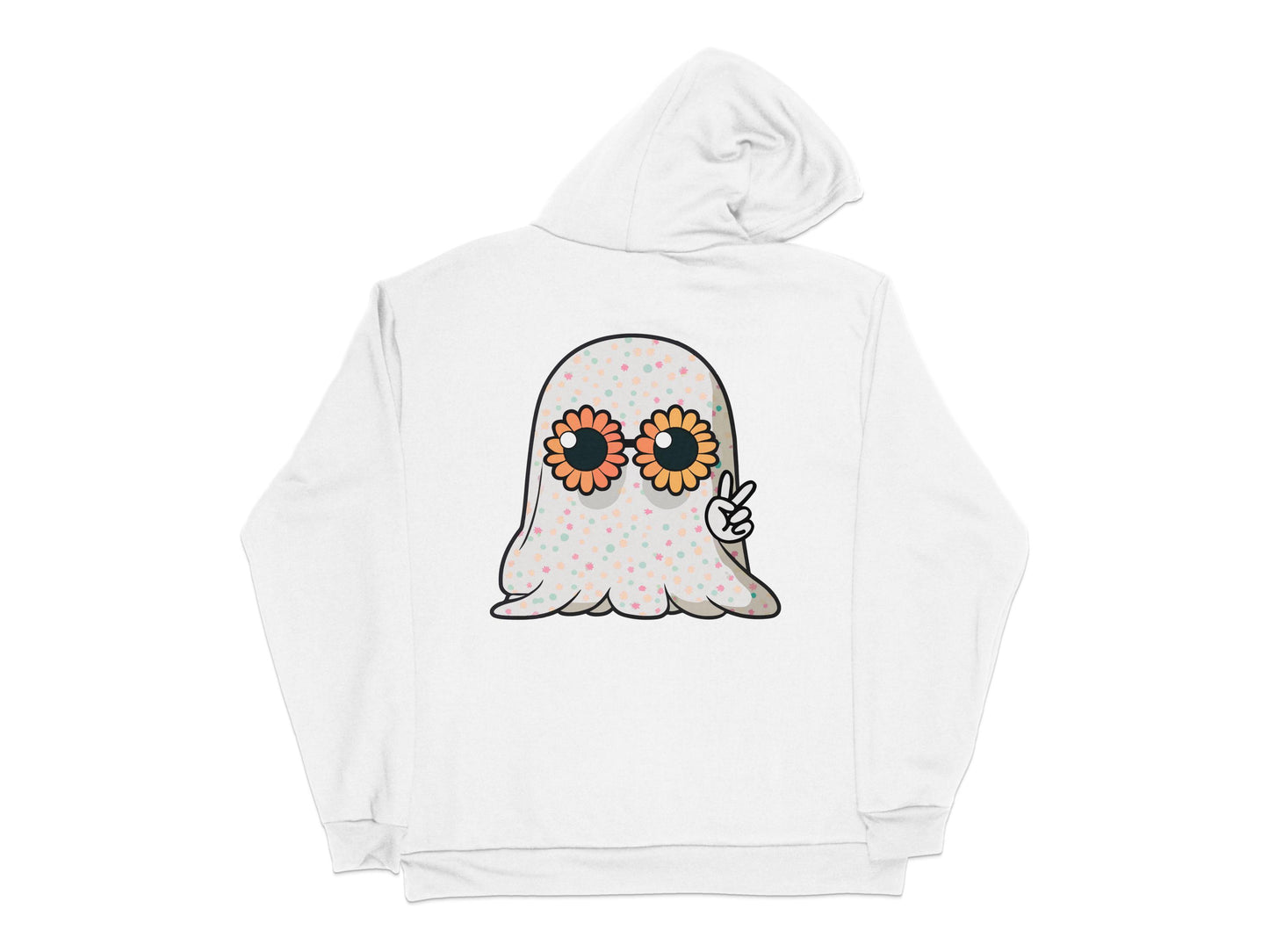 Cute Ghost Hoodie with Flower Eyes Design, Unisex White Sweatshirt, Casual Chic Autumn Apparel