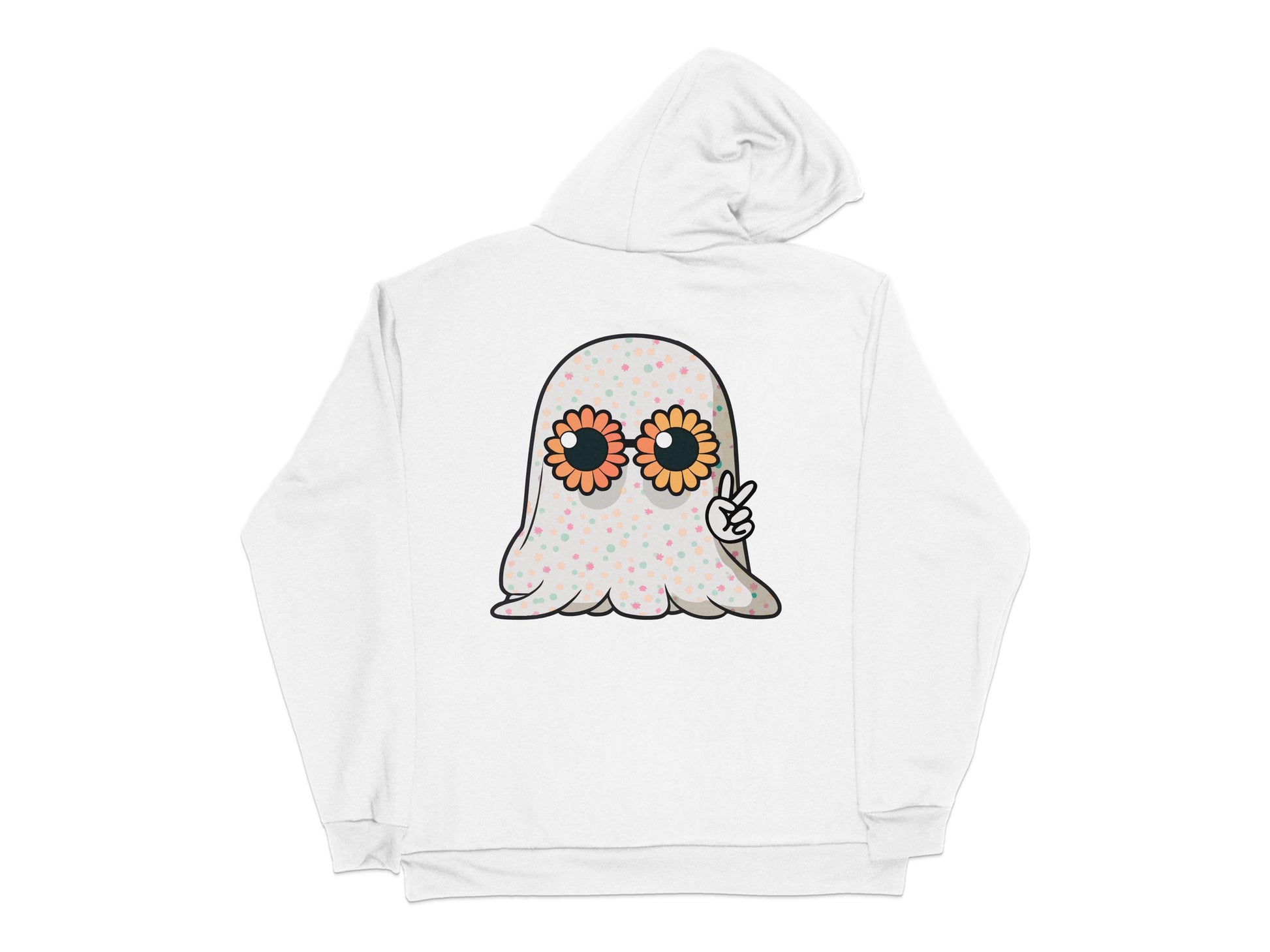 Cute Ghost Hoodie with Flower Eyes Design, Unisex White Sweatshirt, Casual Chic Autumn Apparel