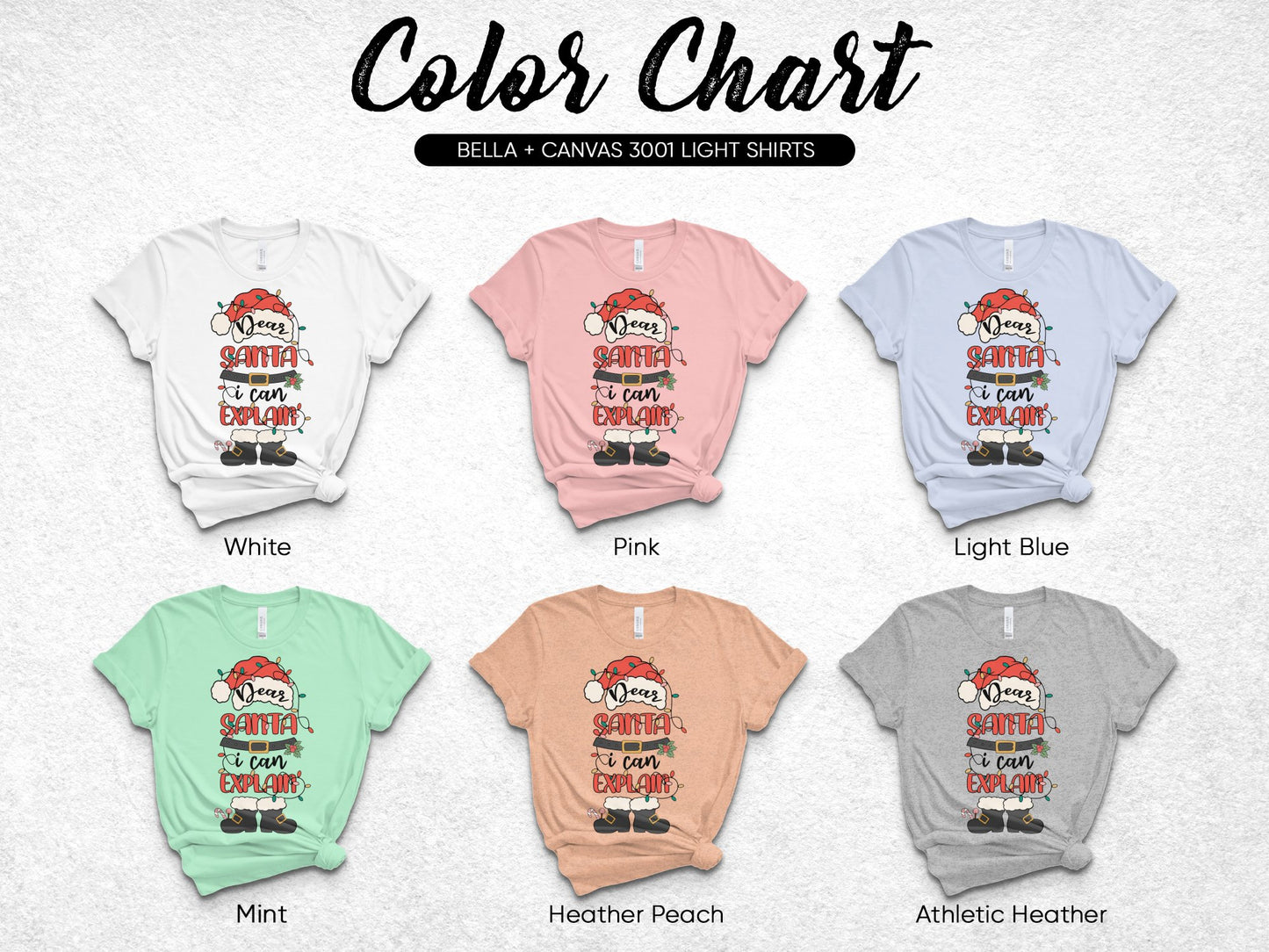 Bella Canvas 3001 T-Shirt Santa Graphic Design Color Chart - White, Pink, Light Blue, Mint, Heather Peach, Athletic Heather