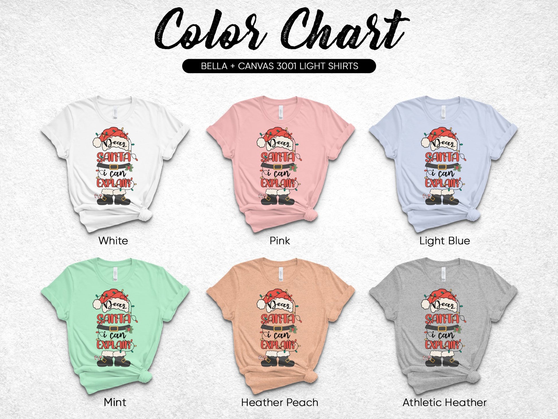 Bella Canvas 3001 T-Shirt Santa Graphic Design Color Chart - White, Pink, Light Blue, Mint, Heather Peach, Athletic Heather