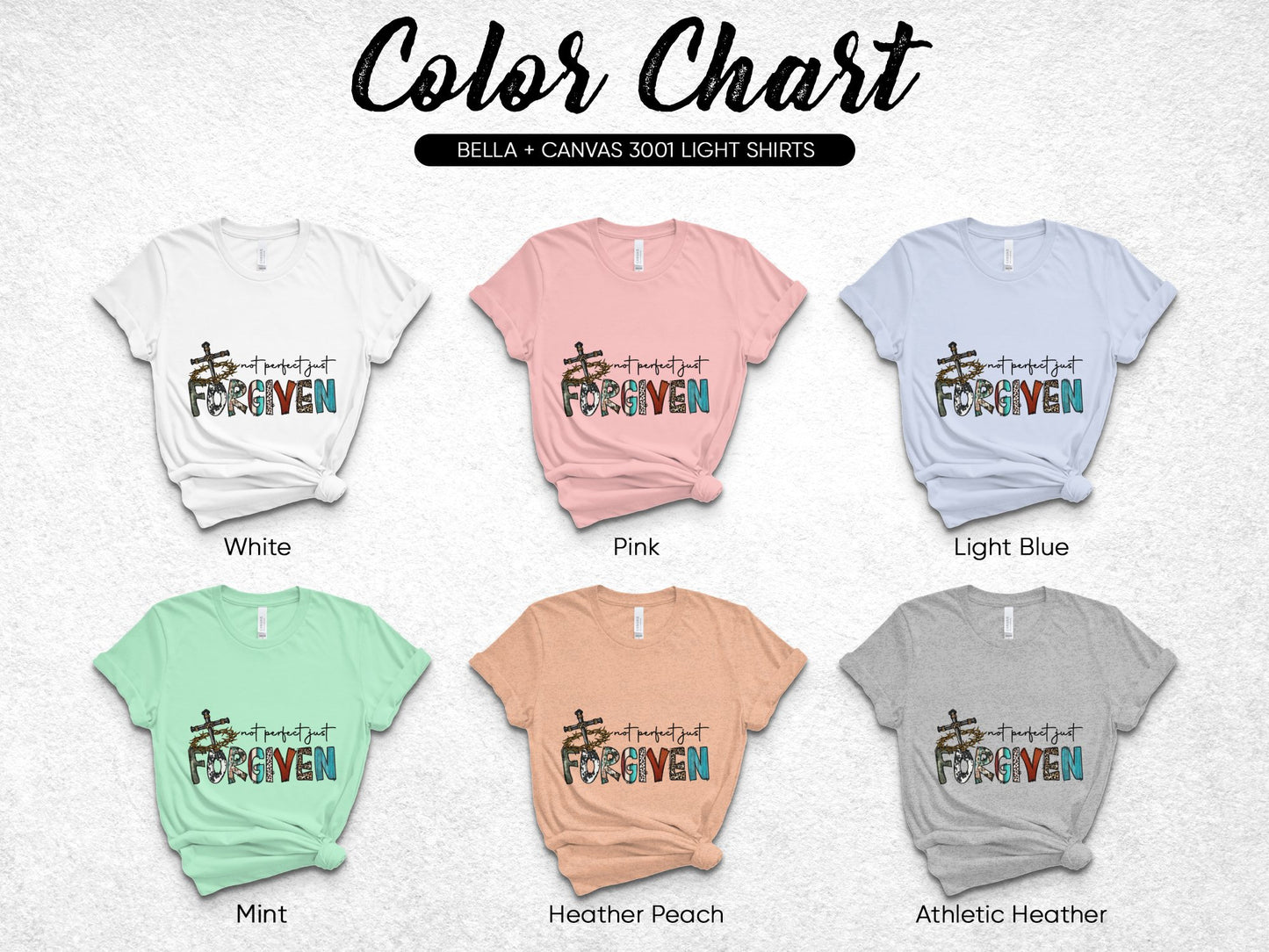 Bella Canvas 3001 T-Shirt Color Chart, Assorted Light Colors with Graphic Print