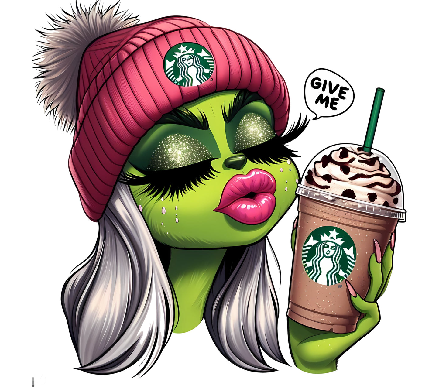 Starbucks Inspired Green Monster Art Print, Winter Hat Fashion Illustration, Coffee Lover Wall Decor