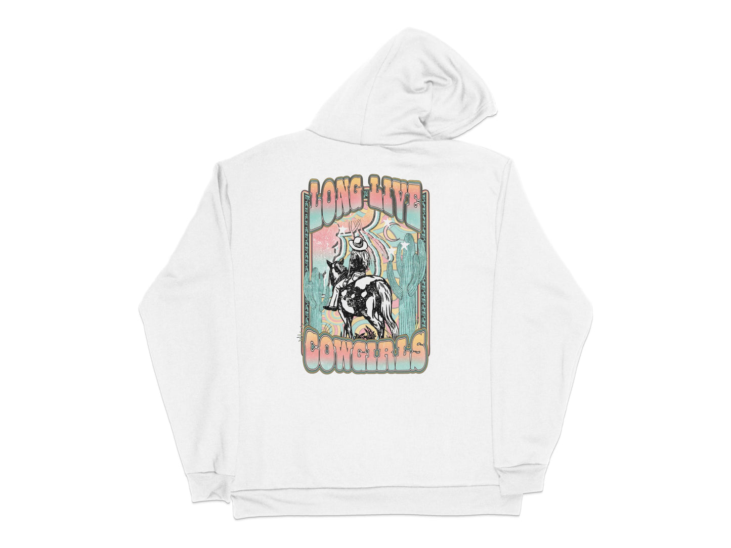 White Hoodie with Retro Cowgirl Graphic, Vintage Style Pullover, Casual Western Wear for Women and Men