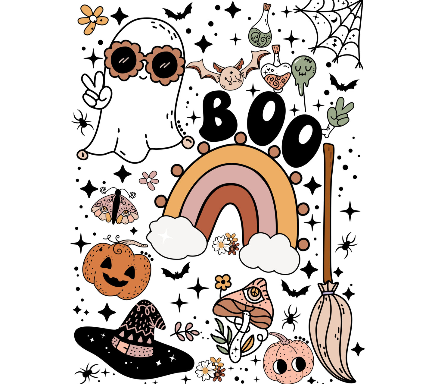 Cute Halloween Ghost Boo Rainbow Pumpkin Witch Hat Kids Room Wall Art Decor