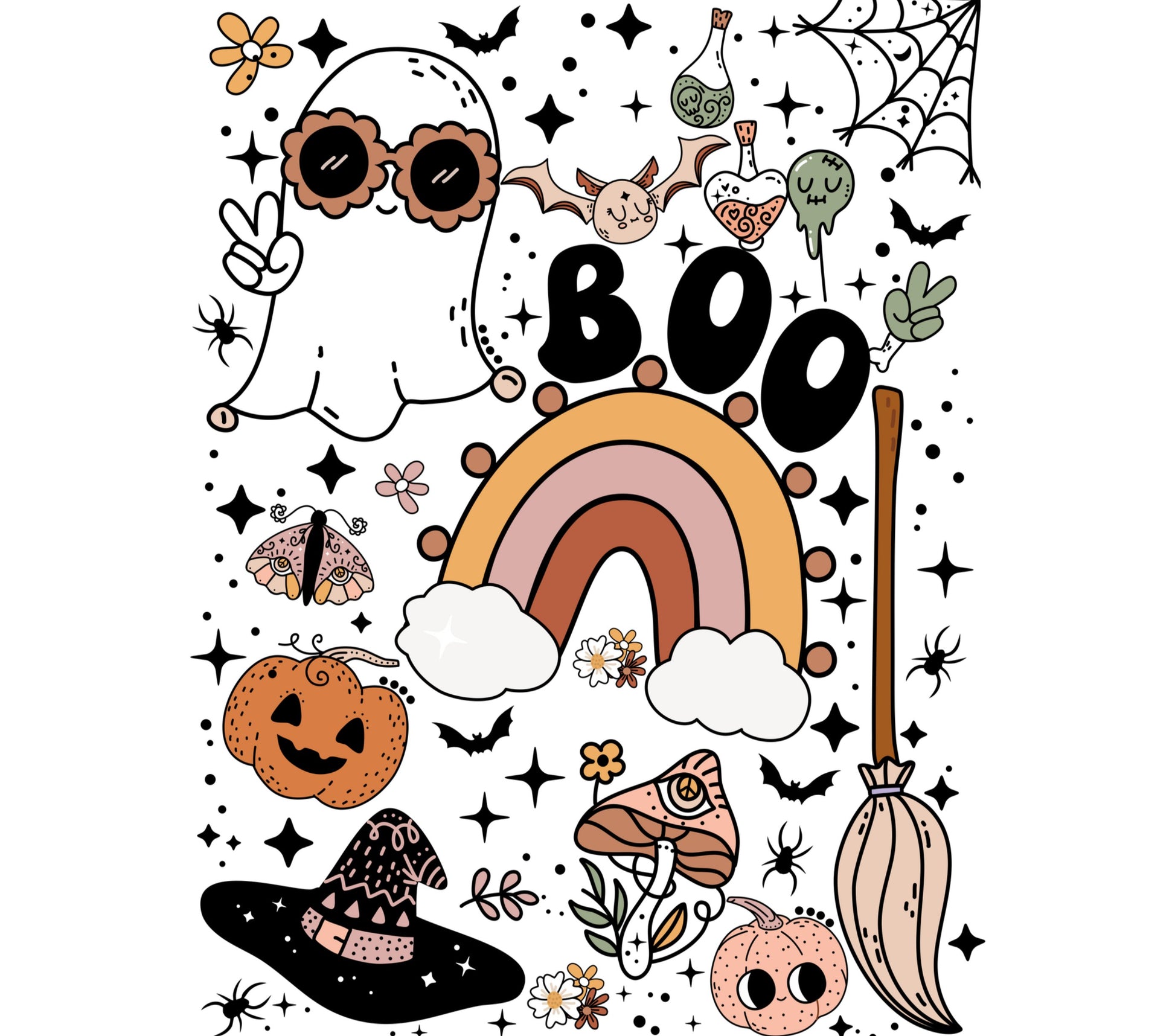 Cute Halloween Ghost Boo Rainbow Pumpkin Witch Hat Kids Room Wall Art Decor