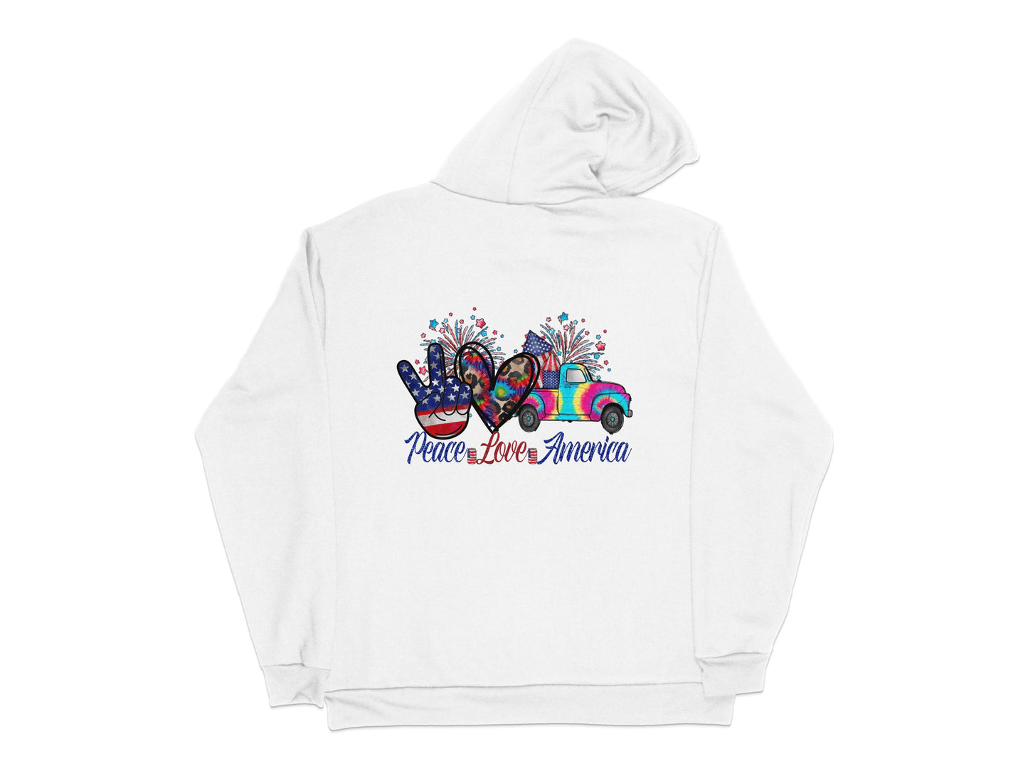 Peace Love America Patriotic Hoodie, Unisex White Sweatshirt with Colorful Graphic Design, 4th of July Apparel